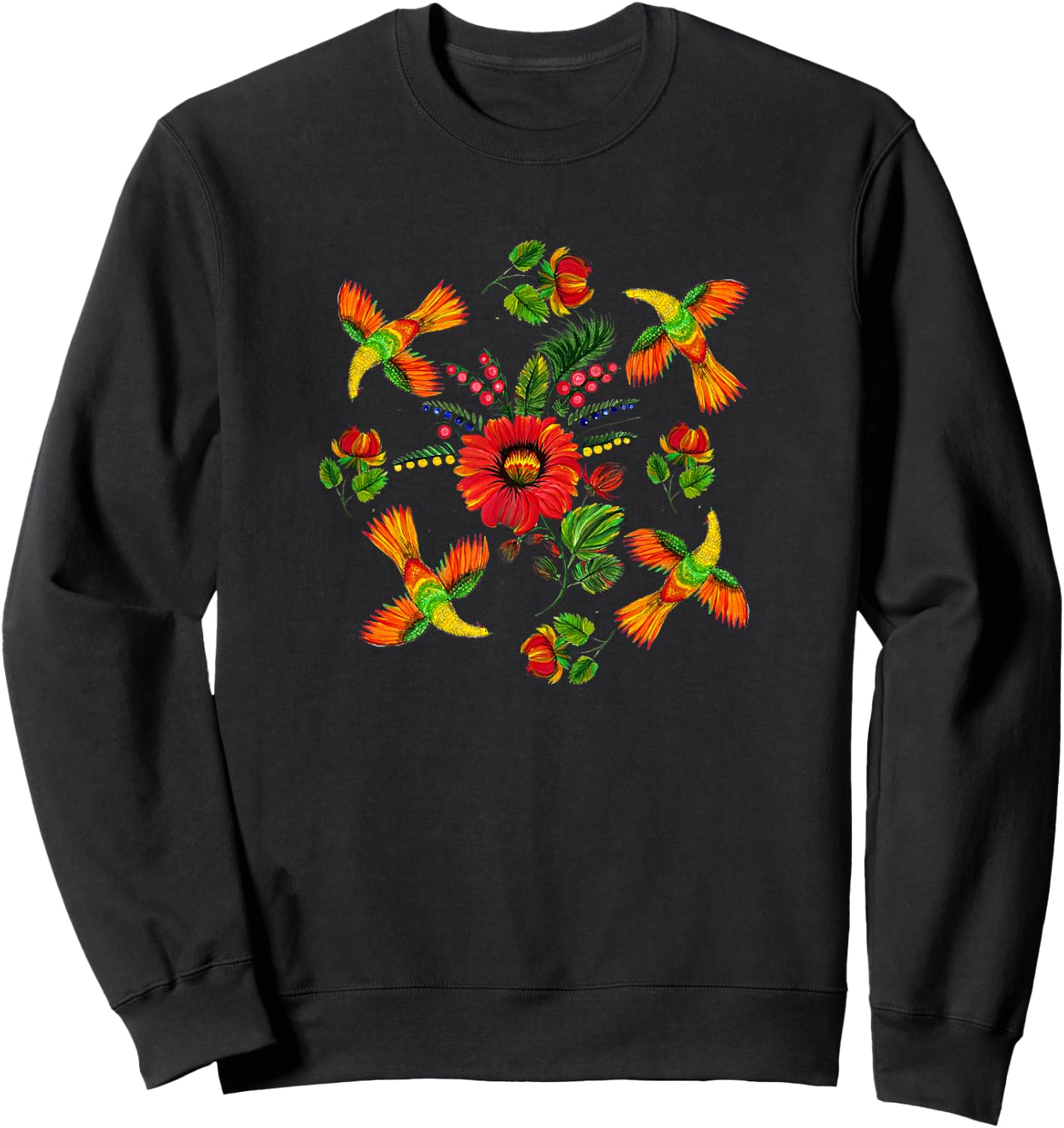 Slavic colorful birds, flowers Petrykivka painting ethnical Sweatshirt - Sweatshirt | Black