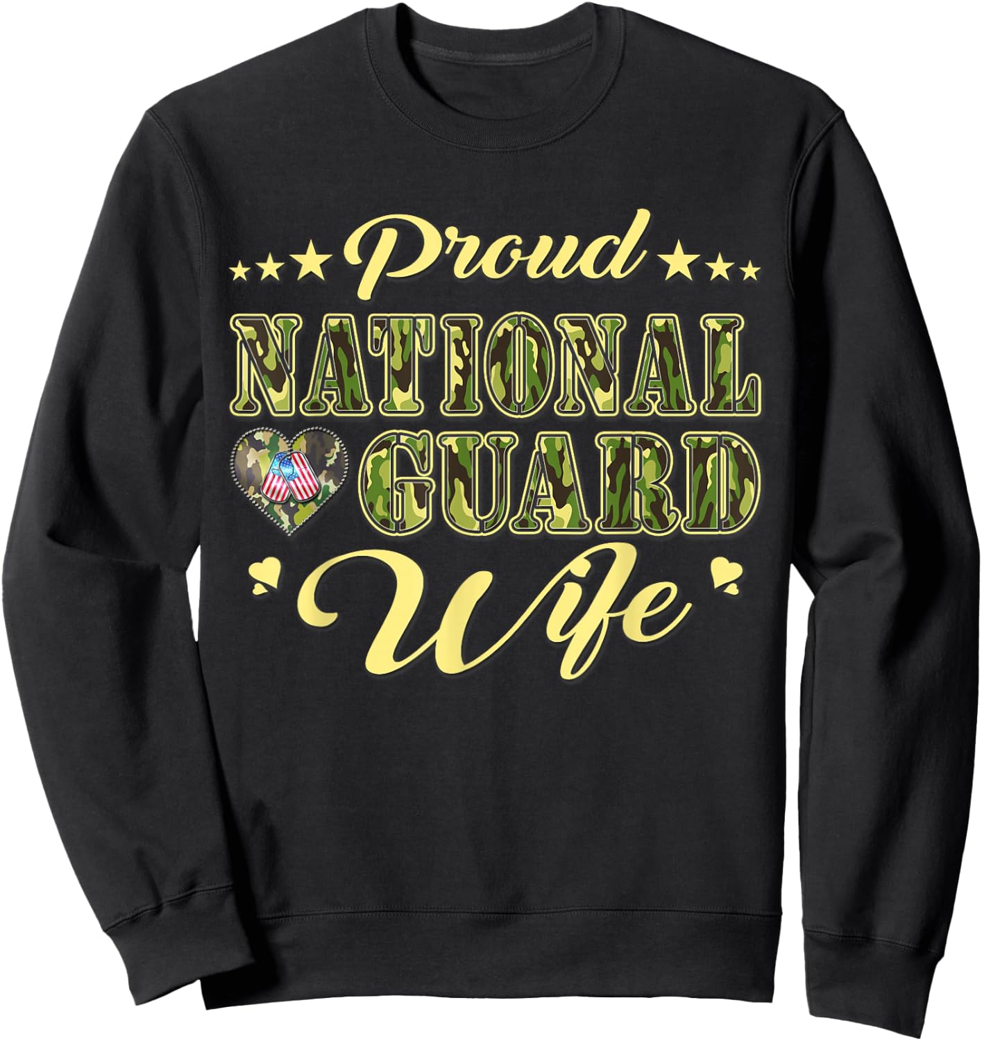 Proud National Guard Wife Dog Tags Heart Military Spouse Men Women Sweatshirt - Sweatshirt | Black