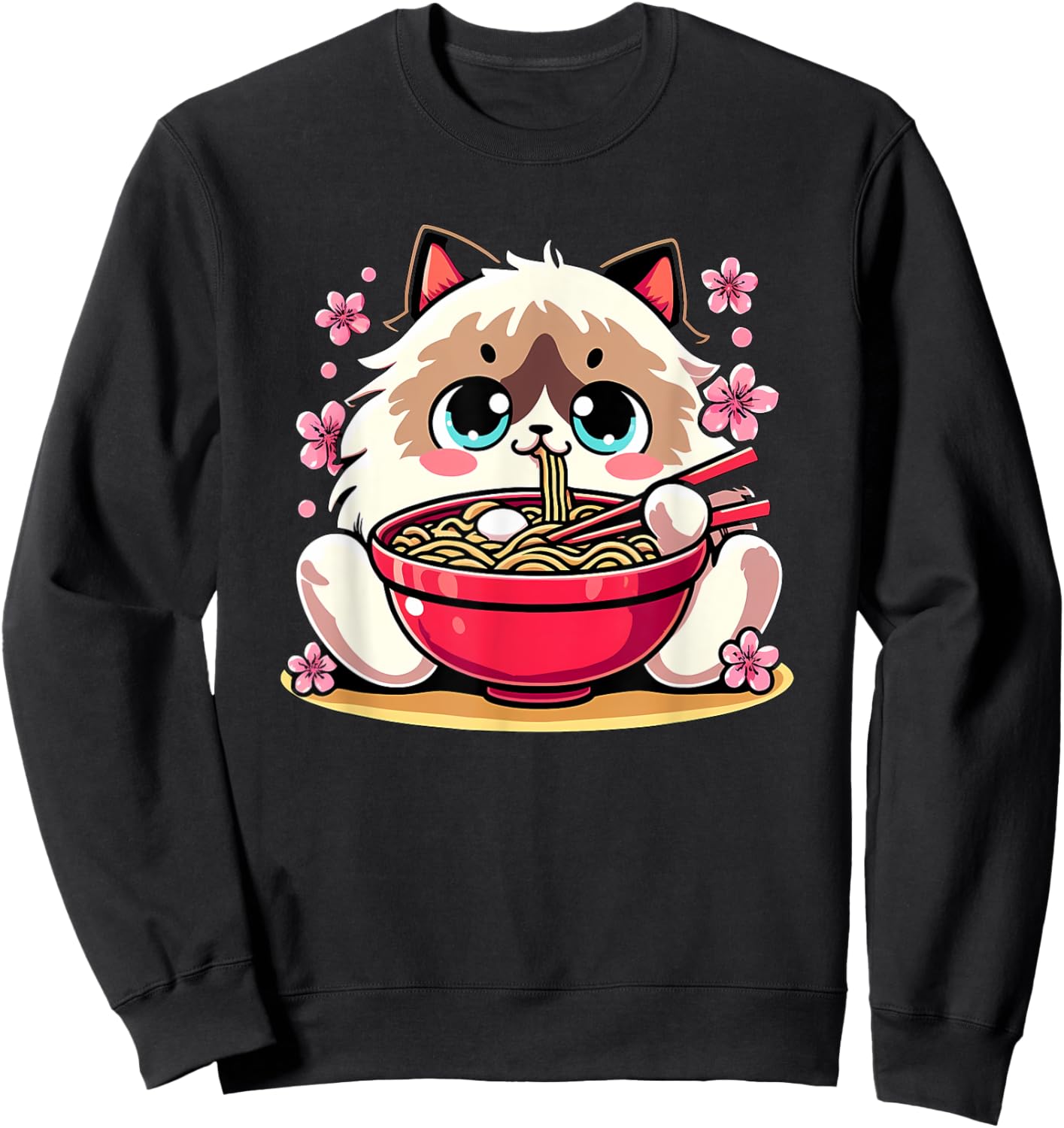 Kawaii Ragdoll Cat Eating Ramen Sweatshirt - Sweatshirt | Black