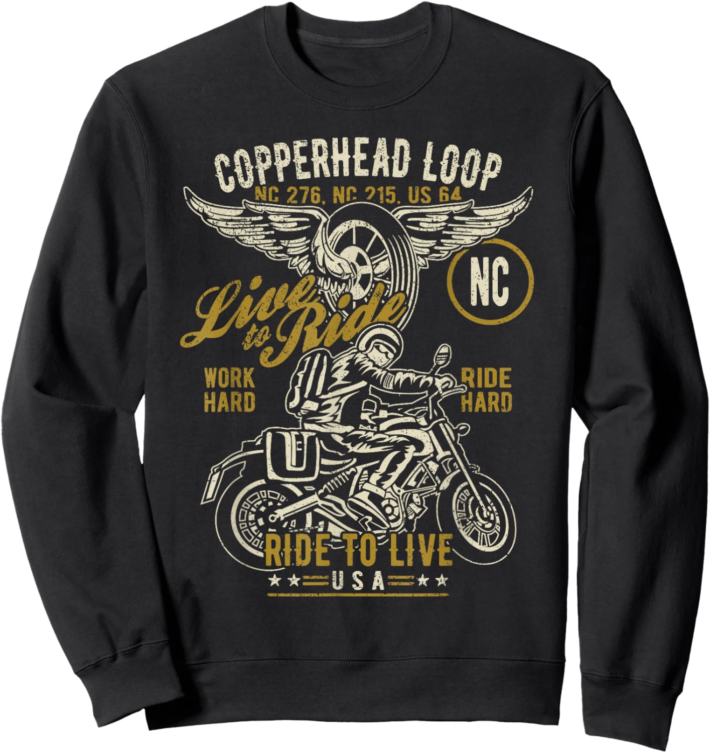 Copperhead Loop NC USA Motorcycle Distressed Design Sweatshirt - Sweatshirt | Black