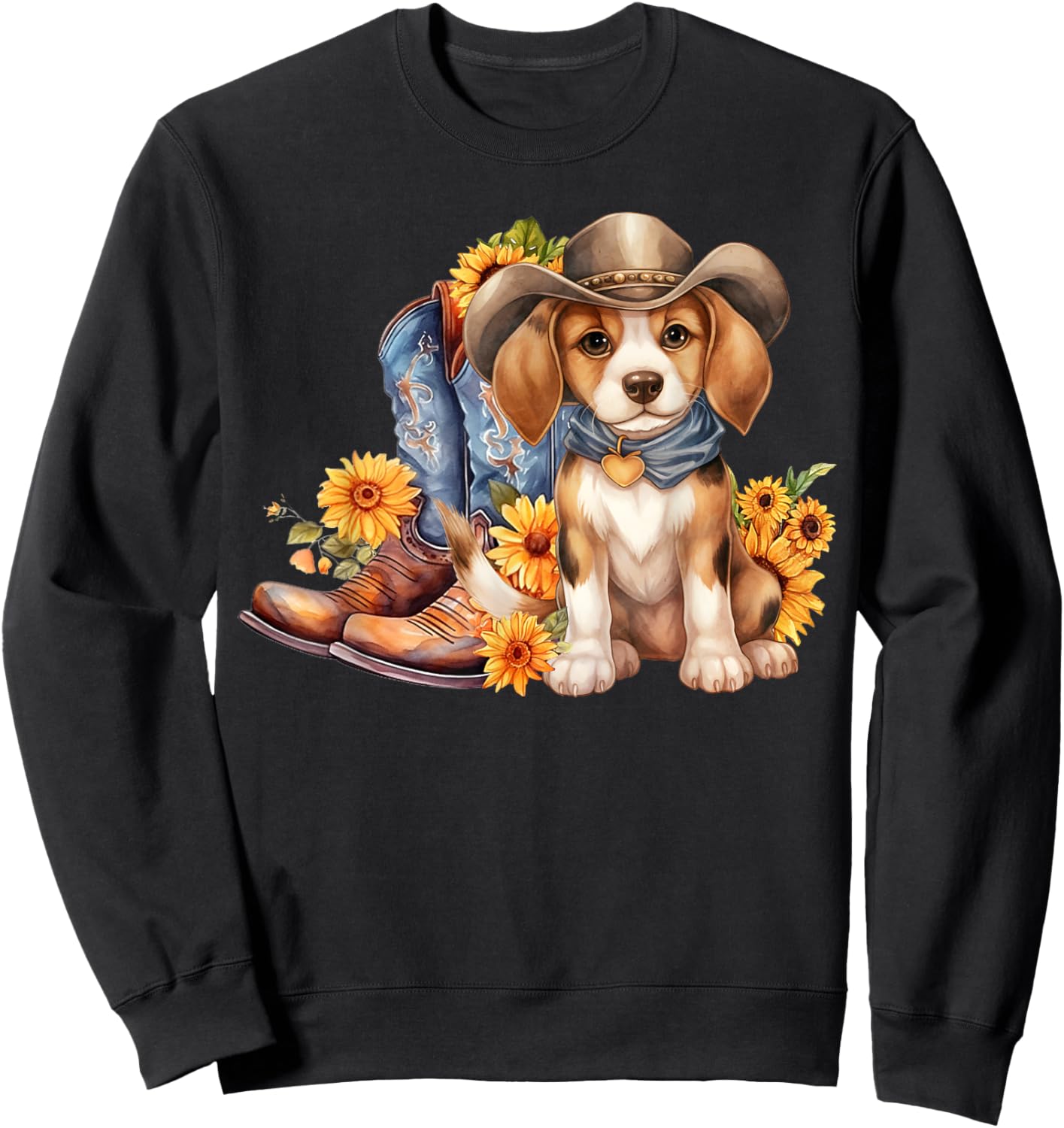 Beagle Dog Cowgirl boots Cowboy hat Sunflower Summer Sweatshirt - Sweatshirt | Black