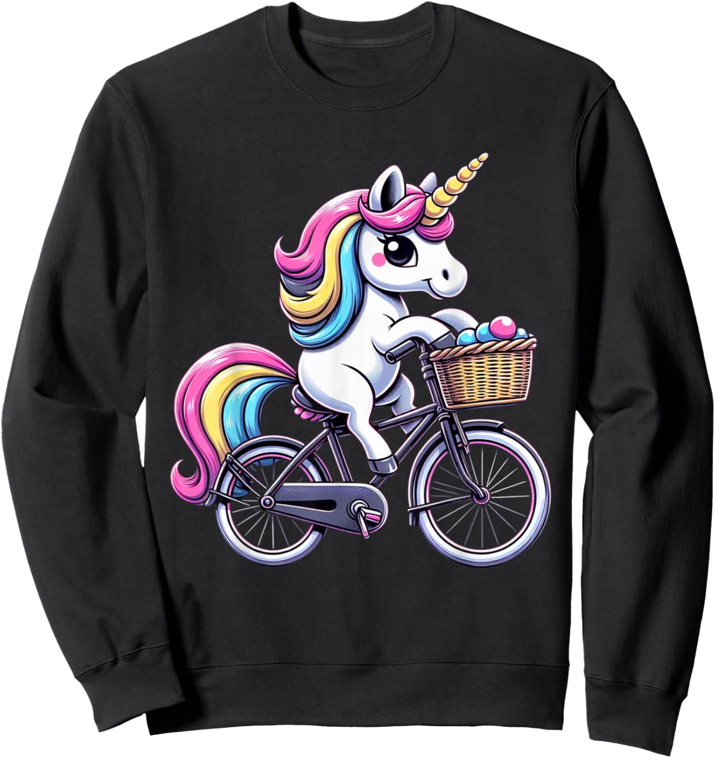 Unicorn Riding Bicycle Boys Girls Women Kids Teen Rainbow Sweatshirt - Sweatshirt | Black