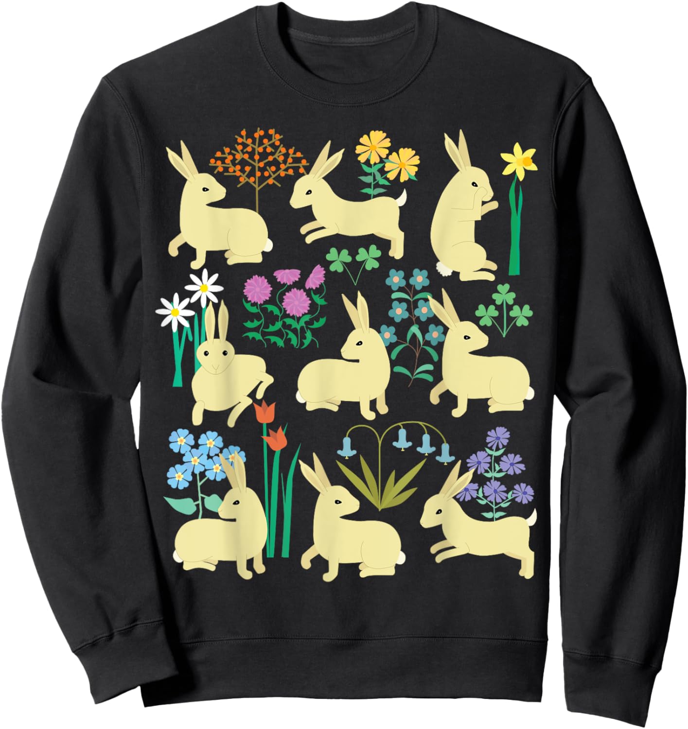 Playful little rabbits (bunnies) among colorful flowers Sweatshirt - Sweatshirt | Black