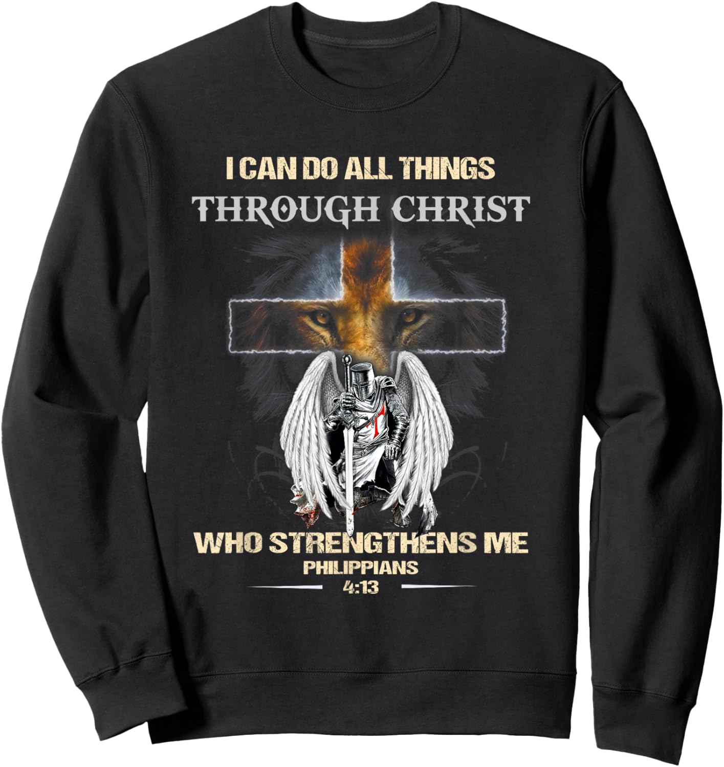 Philippians 4:13 Christian Verse Gift Lion Cross Men Knight Sweatshirt - Sweatshirt | Black