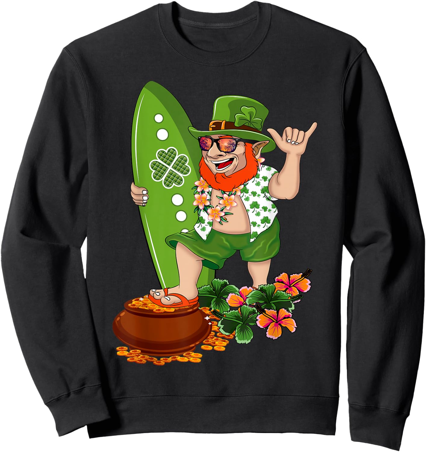 St Patricks Day Green Hawaiian Irish Leprechaun Surfer Shaka Sweatshirt - Sweatshirt | Black