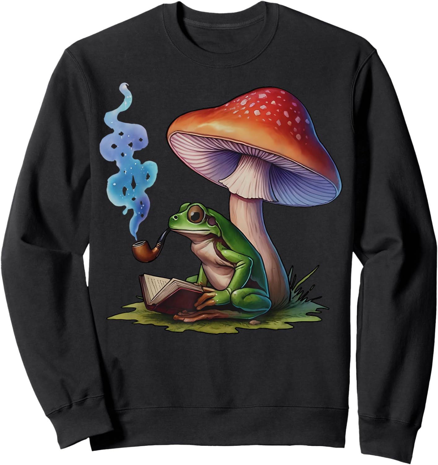 Reading Frog Smoking Mushroom Funny Frog Weed Smokers Sweatshirt - Sweatshirt | Black
