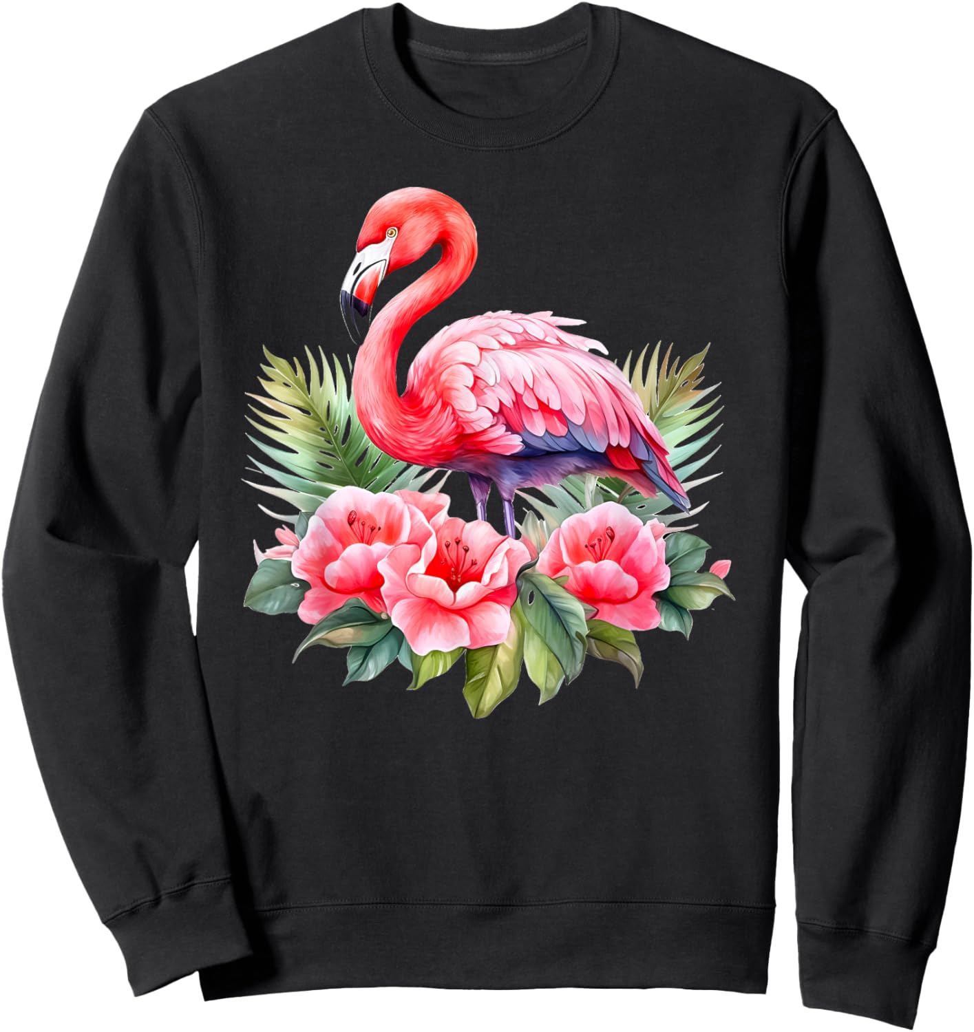 Flamingo Flowers Tropical Watercolor Bird Top Sweatshirt - Sweatshirt | Black