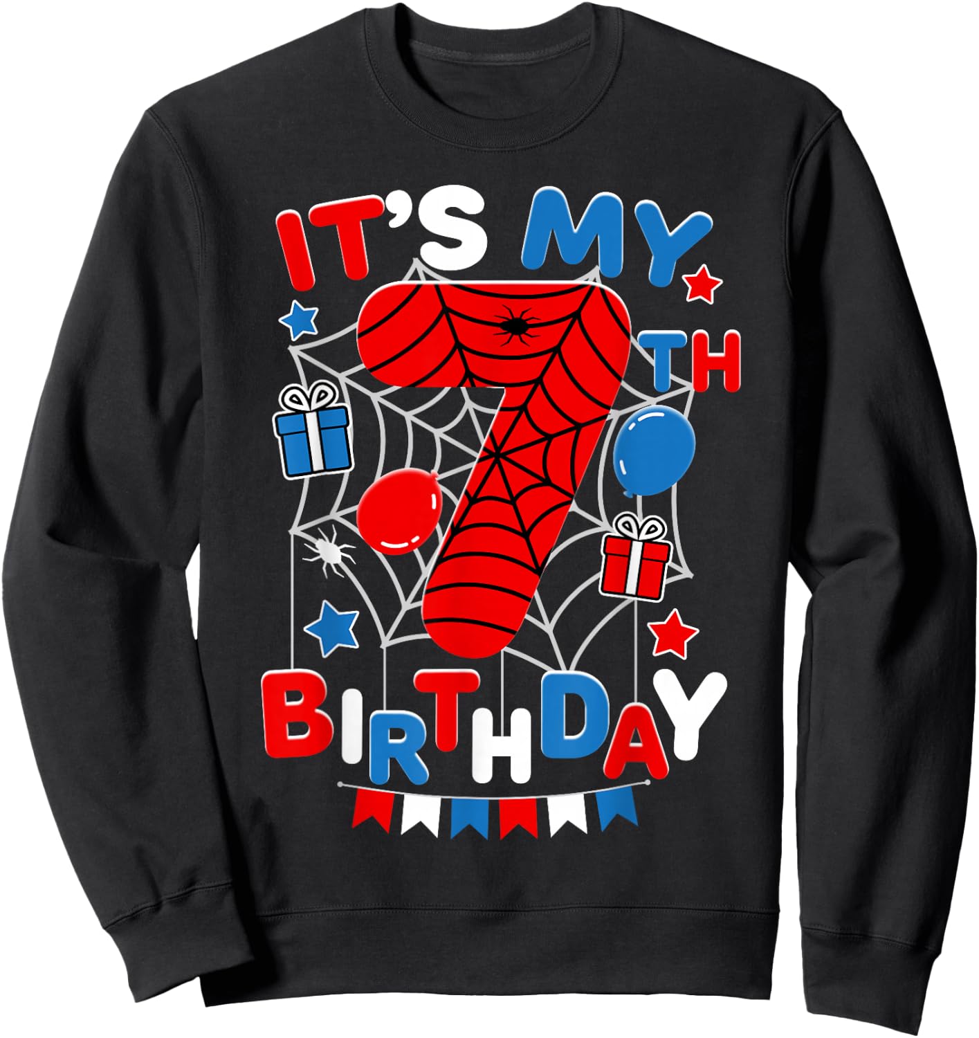 It's My 7th Birthday Spider Theme Party 7 Year Old Boys Kids Sweatshirt - Sweatshirt | Black