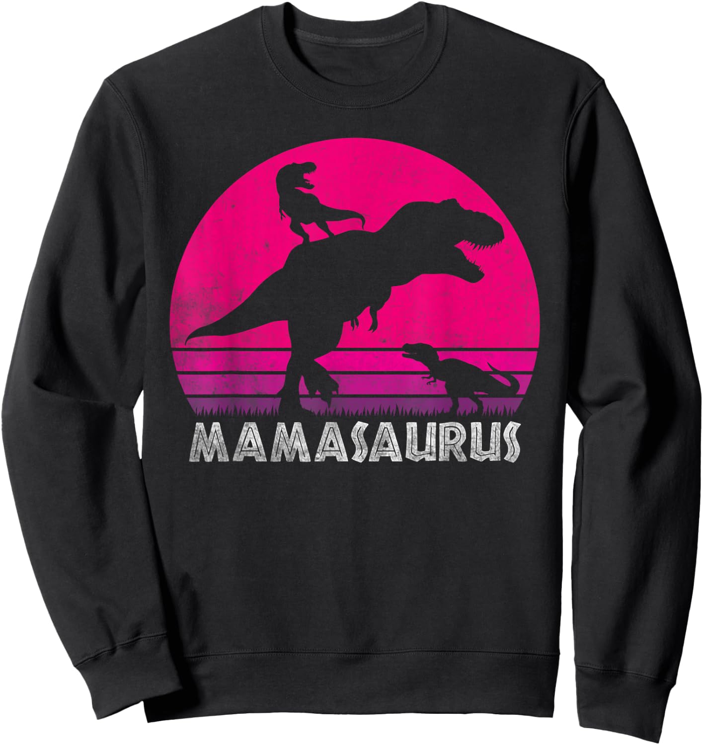 Vintage Retro 2 Kids Mamasaurus Sunset Funny Gift Mother Sweatshirt - Sweatshirt | Black