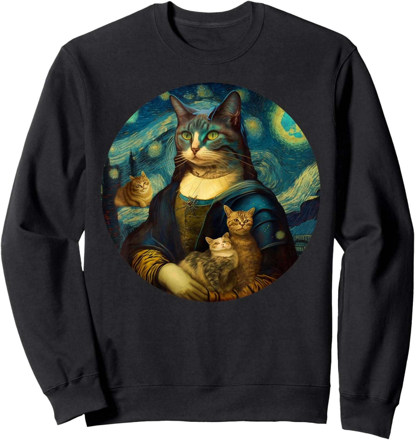 Mona Lisa With Cats Starry Night Van Gogh Funny Art Painting Sweatshirt - Sweatshirt | Black