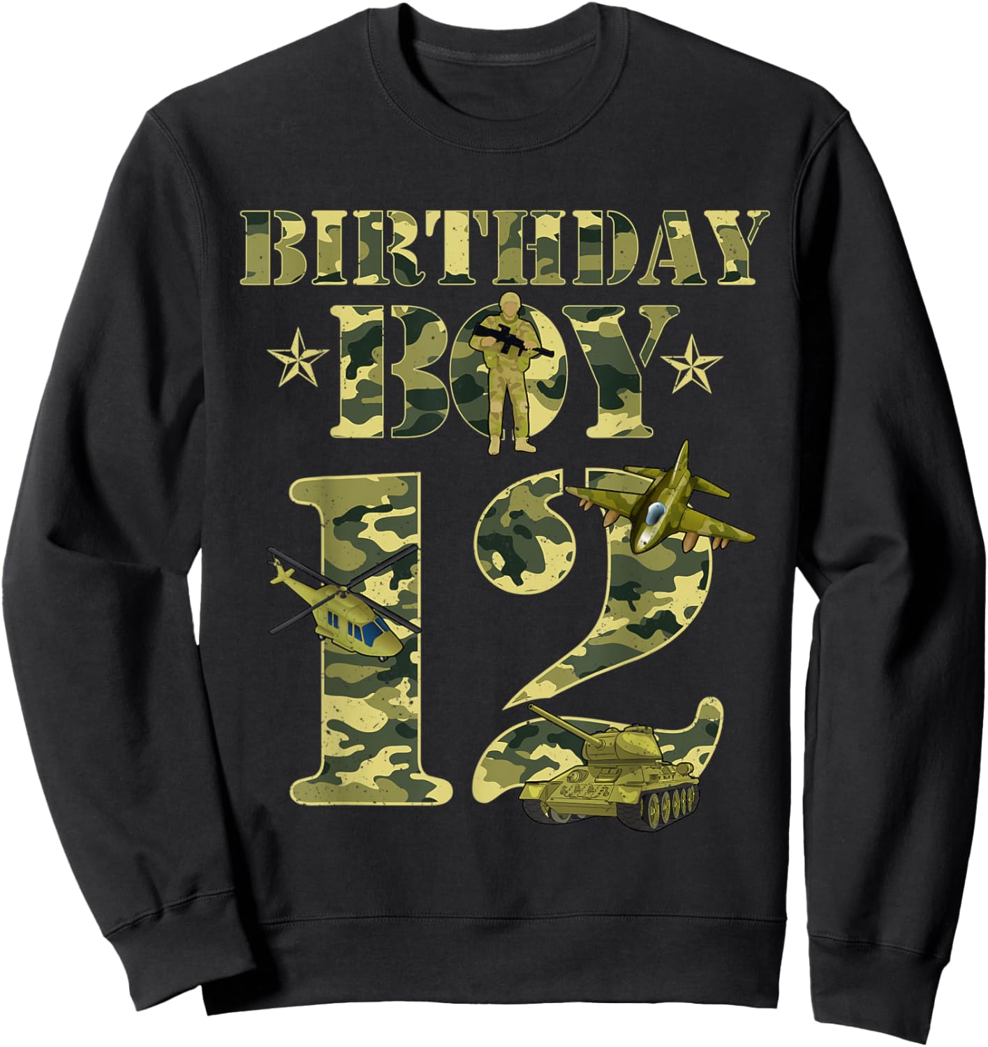 12th Birthday Military Themed Camo Boys 12 Yrs Old Soldier Sweatshirt - Sweatshirt | Black