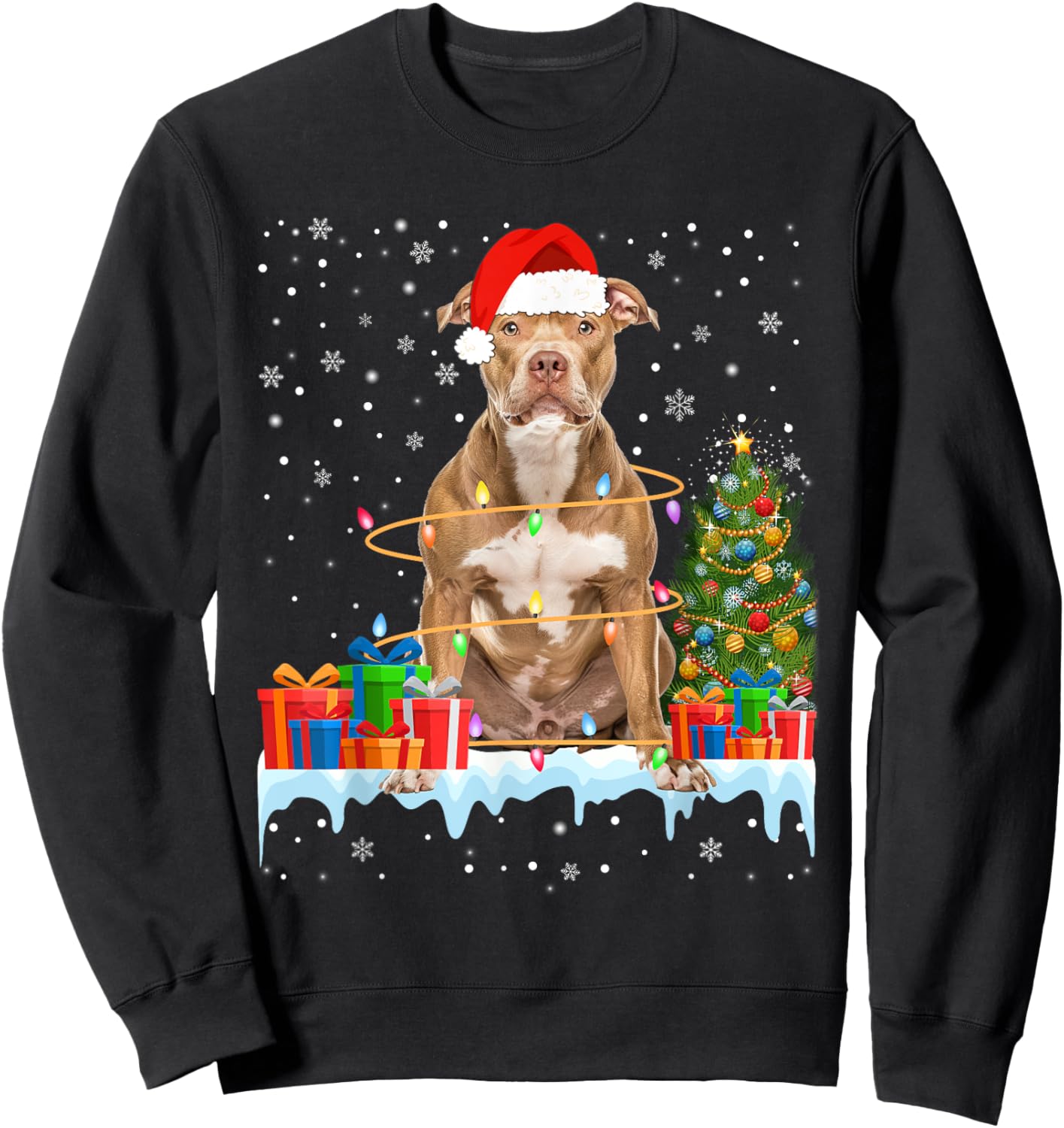 Funny Santa Pitbull Dog Christmas Lights Xmas Pajamas Men Women Kids Sweatshirt - Sweatshirt | Black