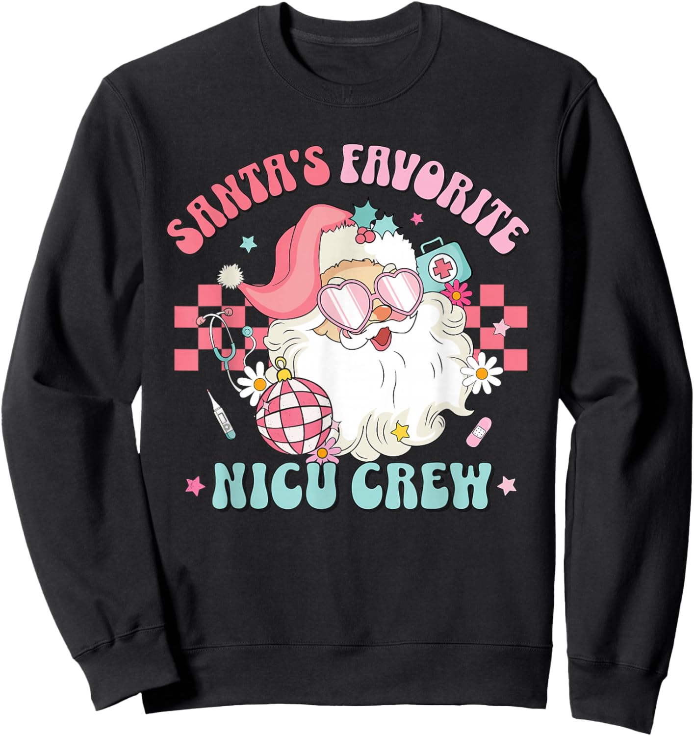 Retro Pink Christmas Neonatal Santa's Favorite NICU Nurse Sweatshirt - Sweatshirt | Black