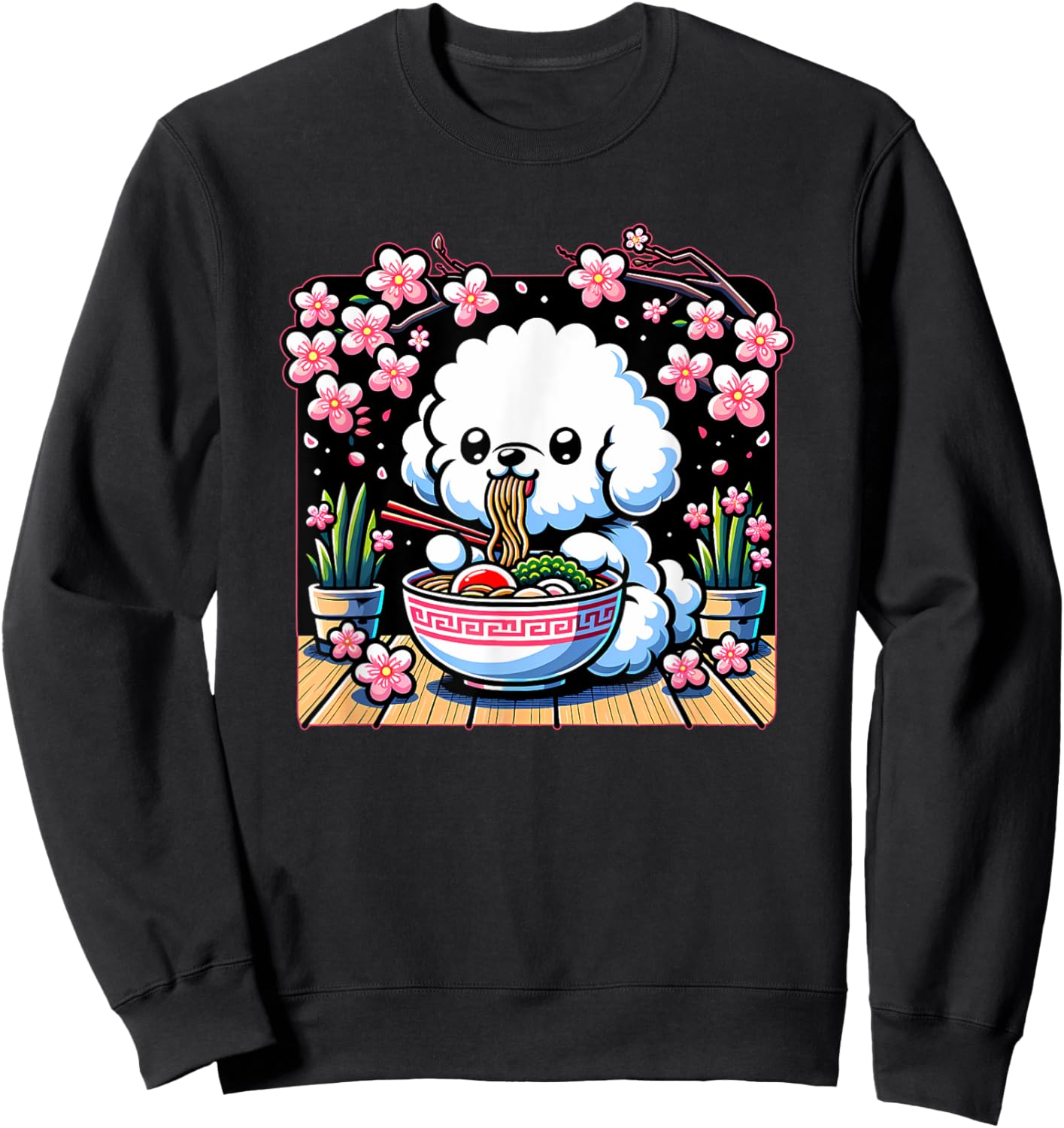 Kawaii Bichon Frise Dog Eating Ramen Sweatshirt - Sweatshirt | Black