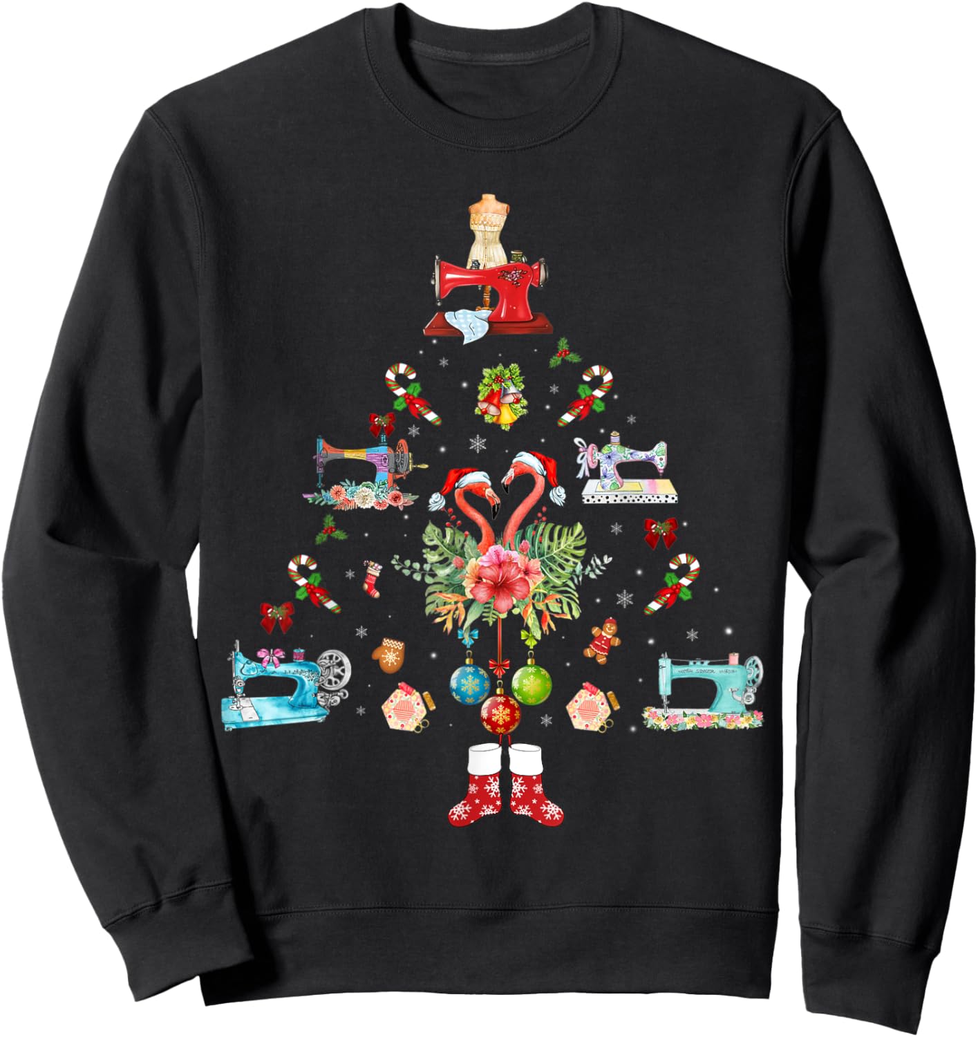 Flamingo Quilting Machine Christmas Sweatshirt - Sweatshirt | Black