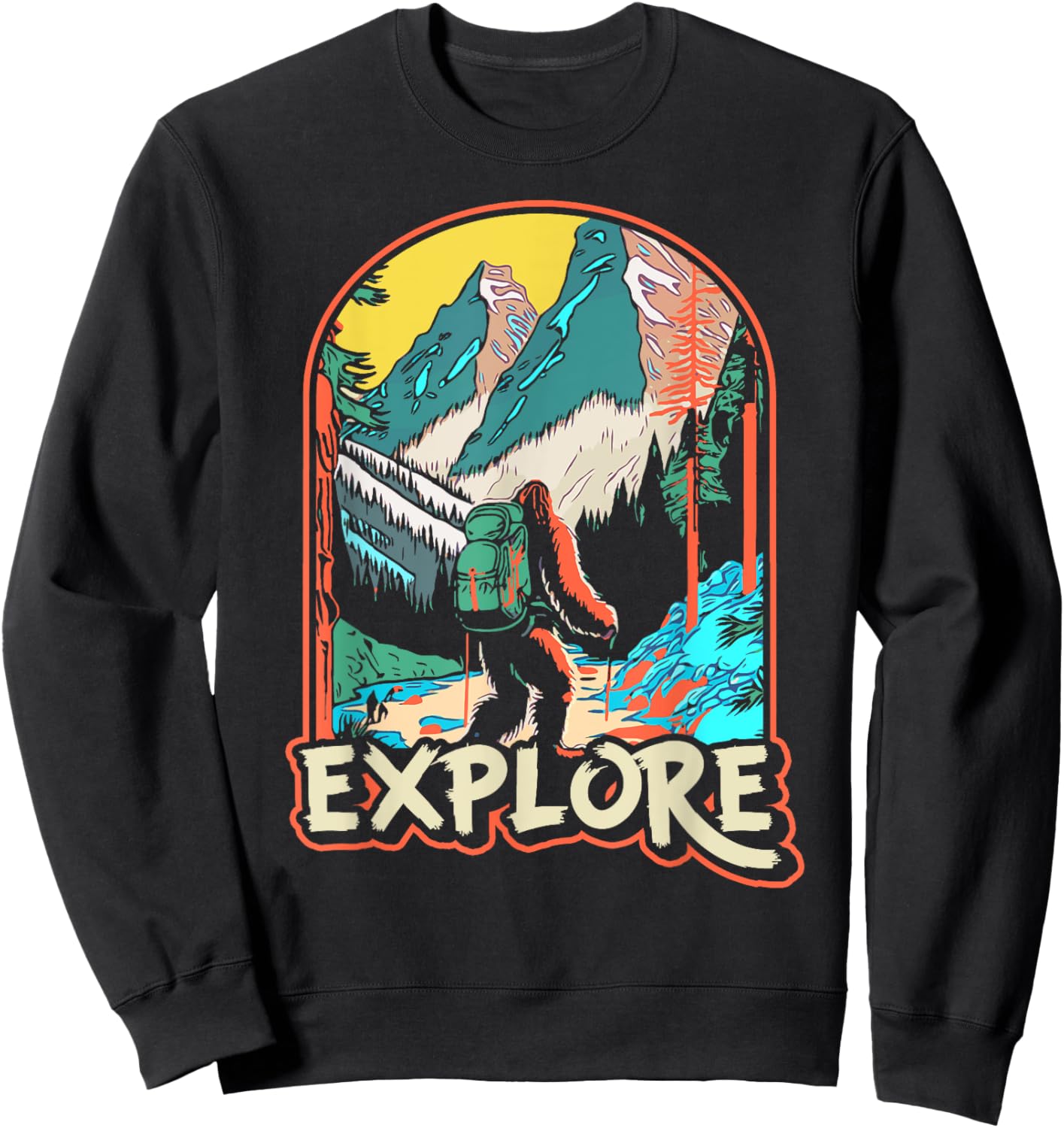 Explore! Hiking Bigfoot Sasquatch In Mountains & Nature Sweatshirt - Sweatshirt | Black