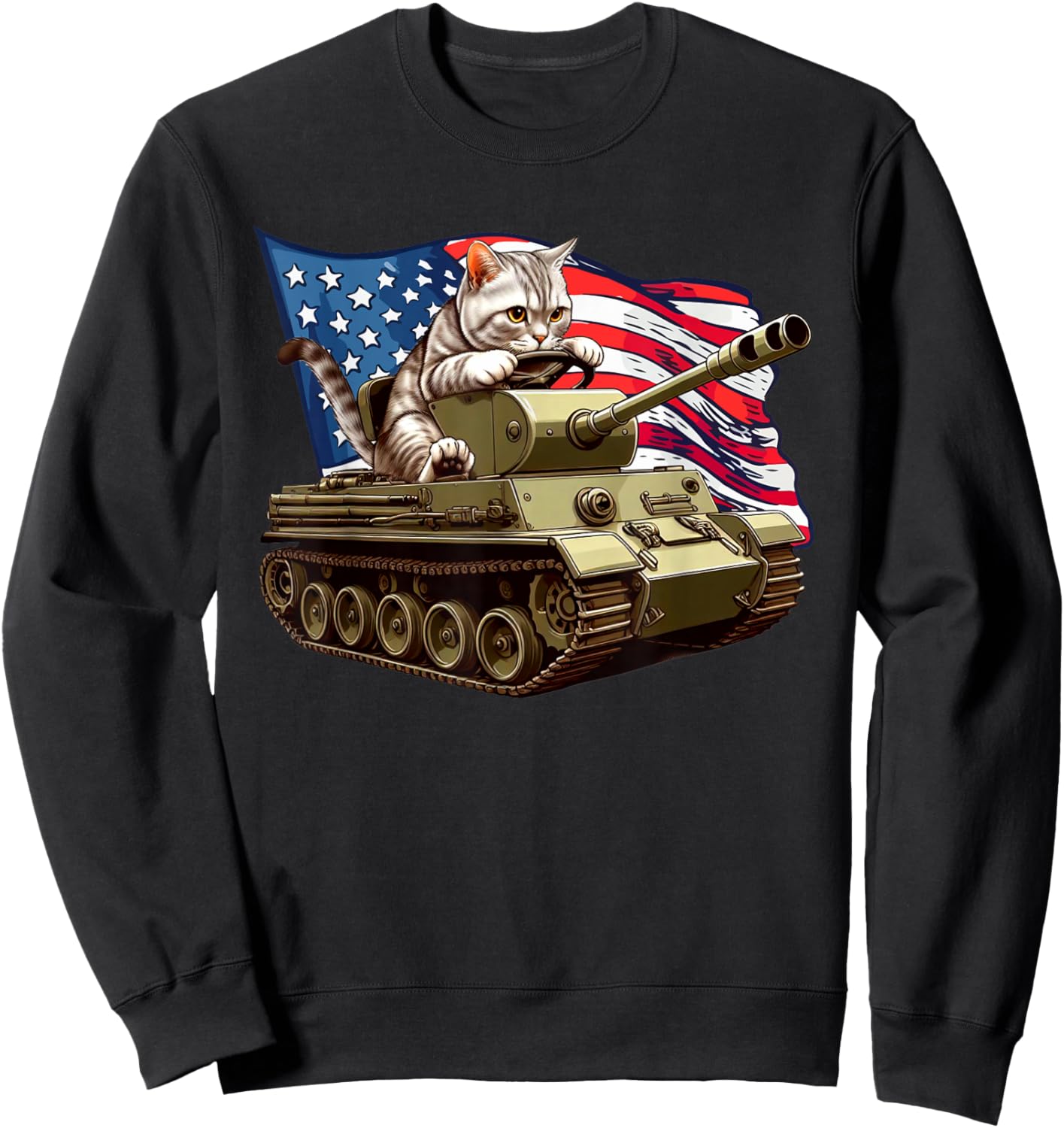 Cat Driving Army Tank American Flag Military Cat Lovers Sweatshirt - Sweatshirt | Black