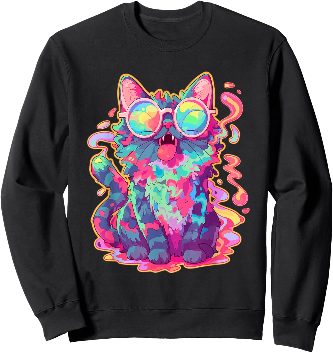 Trippy Crazy Psychedelic Cat Art EDM Rave Women Sweatshirt - Sweatshirt | Black