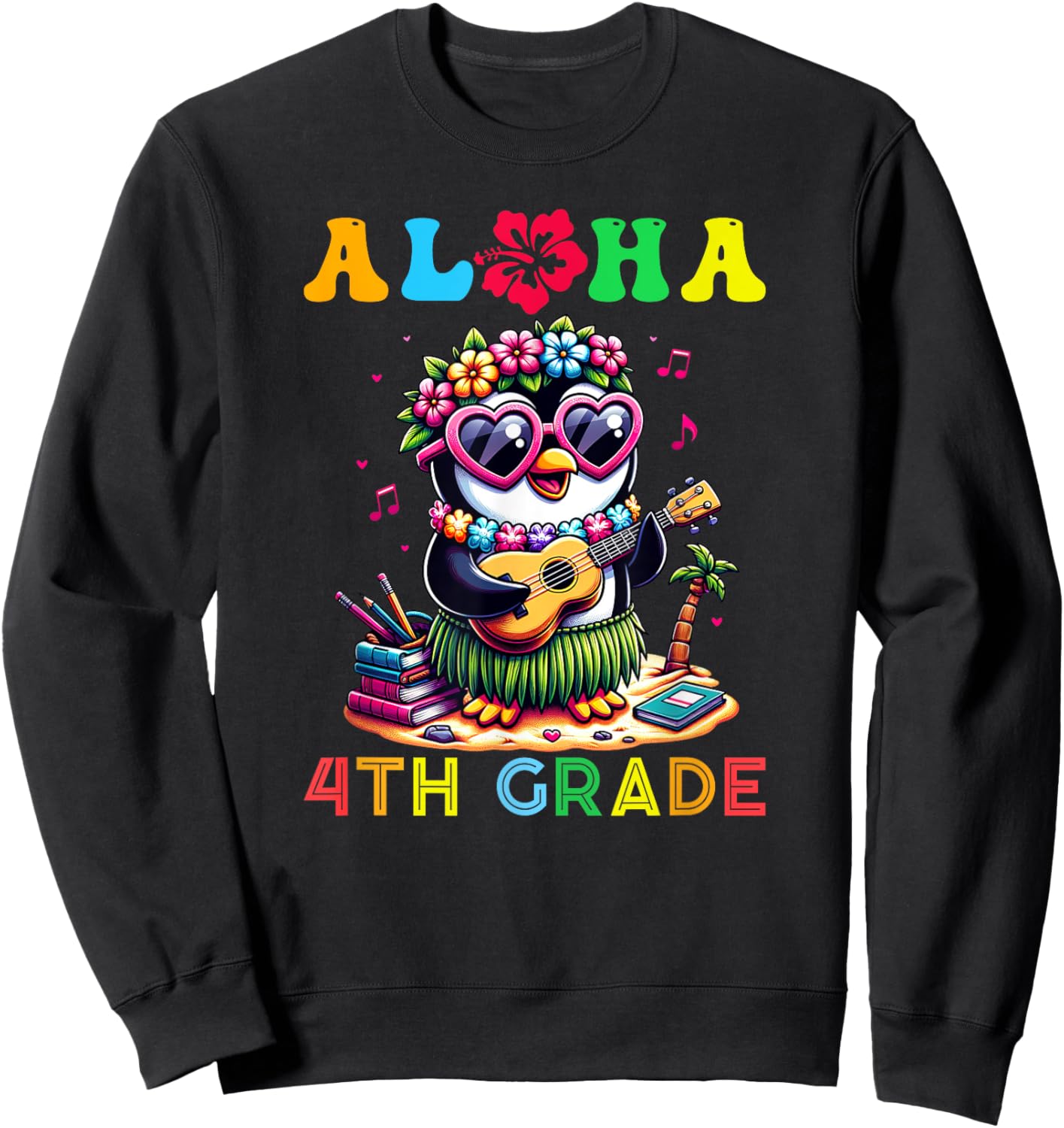 Aloha Fourth Grade Penguin Hawaii Back to School Kids Girl Sweatshirt - Sweatshirt | Black