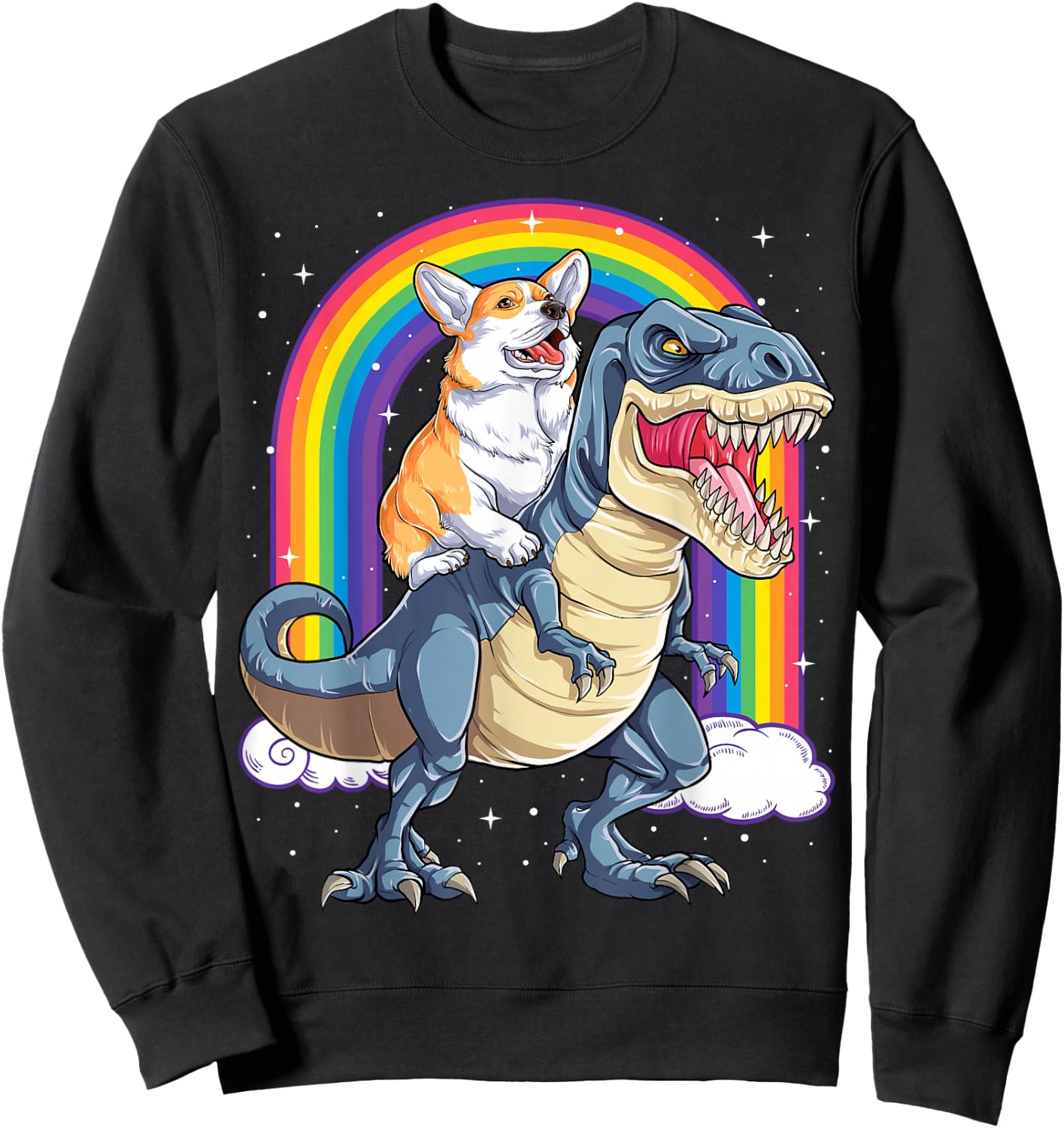 Corgi Riding Dinosaur T-rex Boys Girls Space Galaxy Rainbow Sweatshirt - Sweatshirt | Black