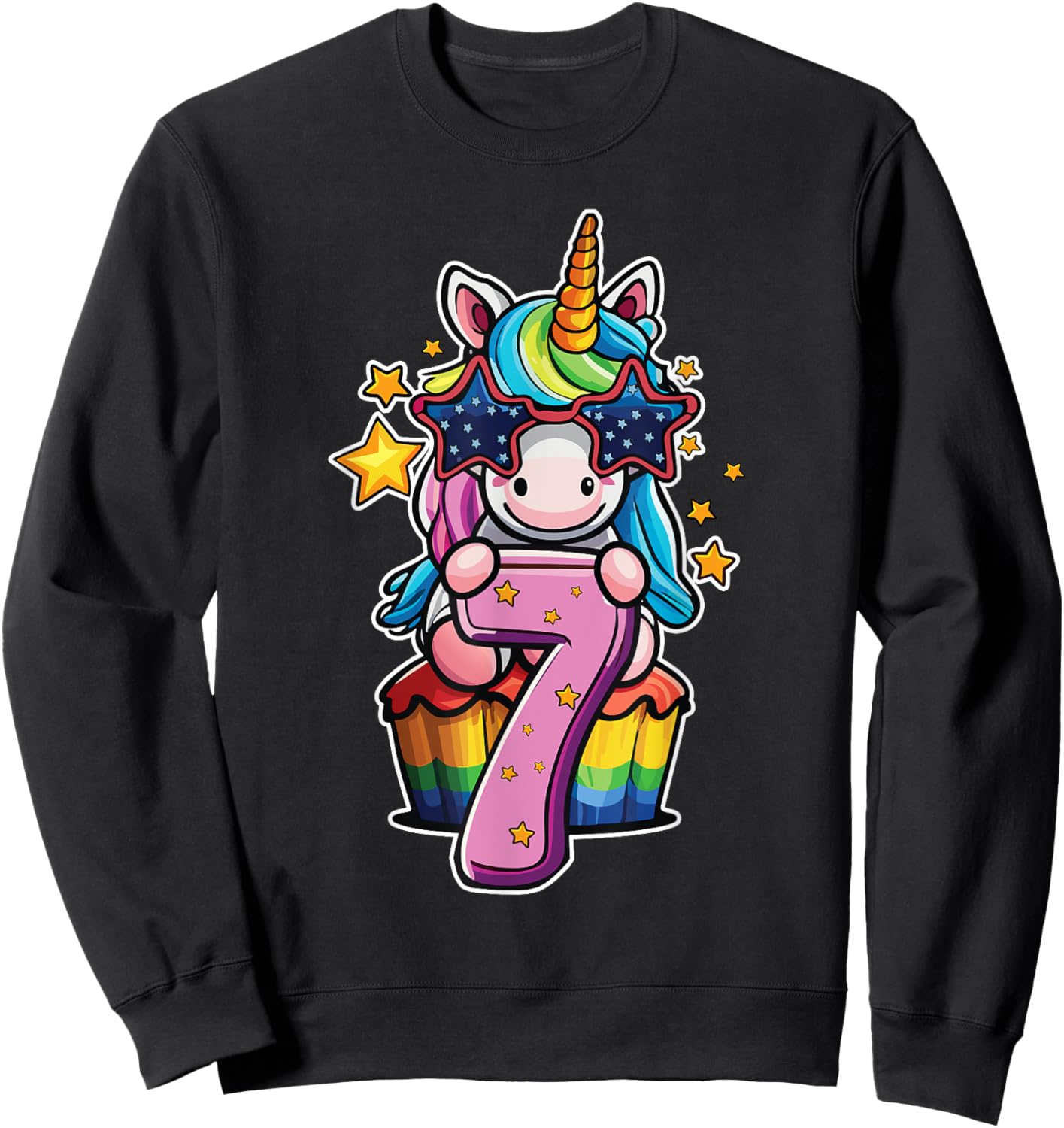 Unicorn Happy 7th Birthday Age 7 Rainbow Cupcake Cute Party Sweatshirt - Sweatshirt | Black