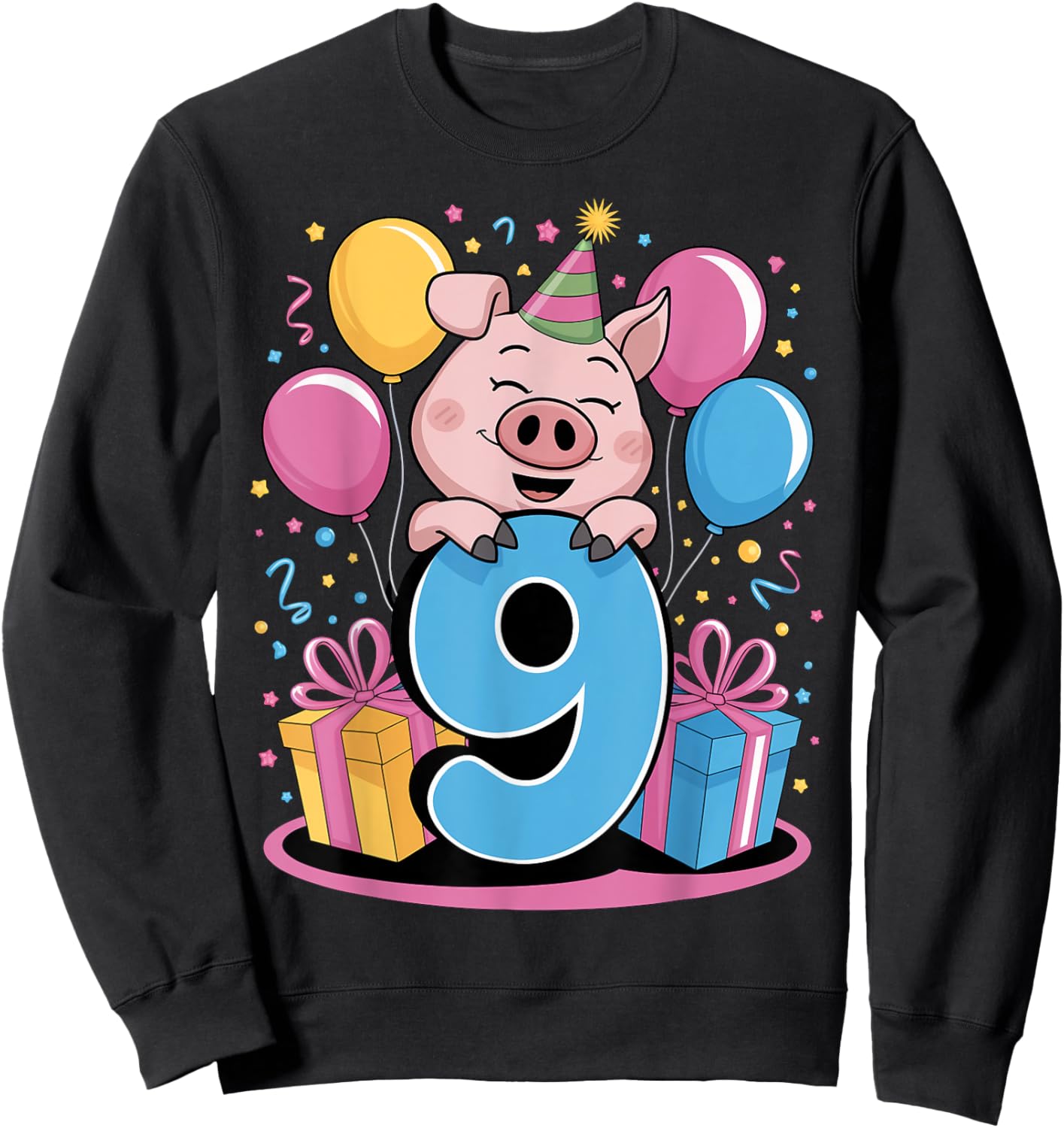 Pig 9th birthday for boy girl 9 years old ninth nine Pig Sweatshirt - Sweatshirt | Black
