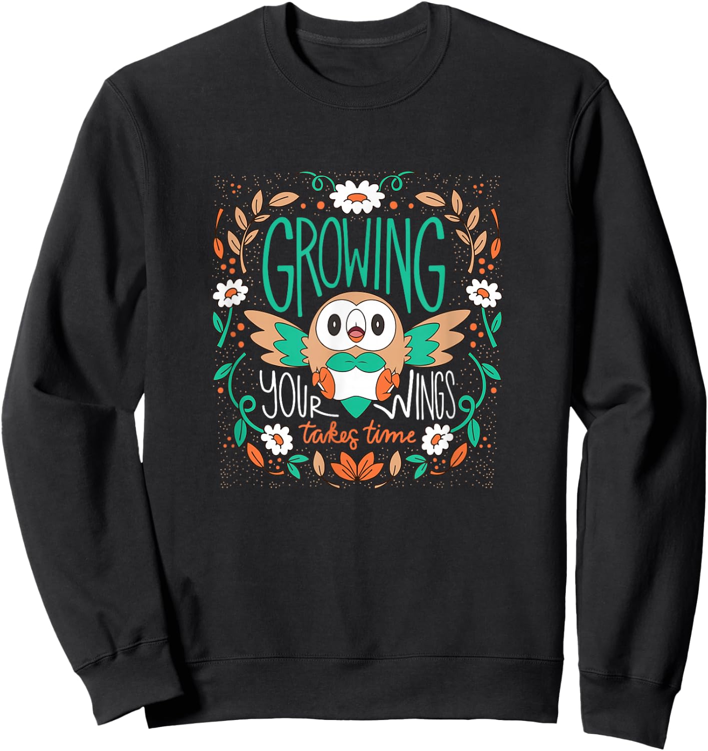 Pokemon - Rowlet Growing Your Wings Takes Time -Adults , Black, Small, Short Sleeve Sweatshirt - Sweatshirt | Black