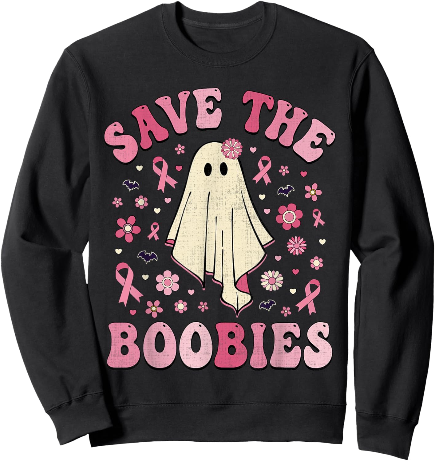 Save the Boobies Pink Halloween Ghost Breast Cancer Groovy Sweatshirt - Sweatshirt | Black