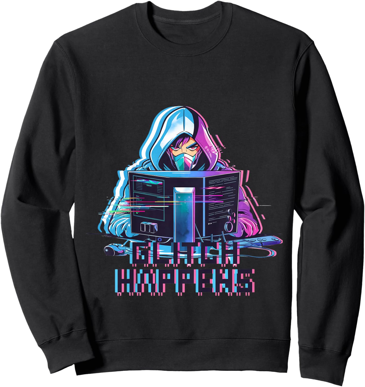 Kids Glitch Happens Anime Gamer Boy Male Futuristic Gaming Sweatshirt - Sweatshirt | Black