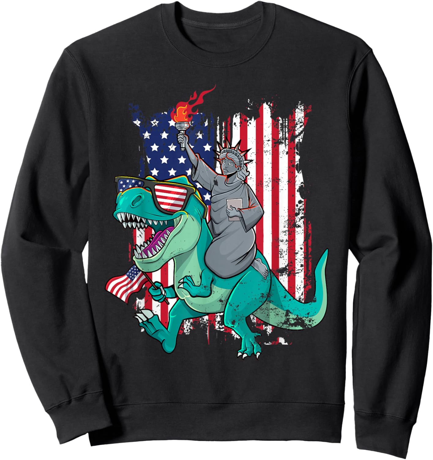 Fourth of July Funny Statue of Liberty Riding Dinosaur T-Rex Sweatshirt - Sweatshirt | Black