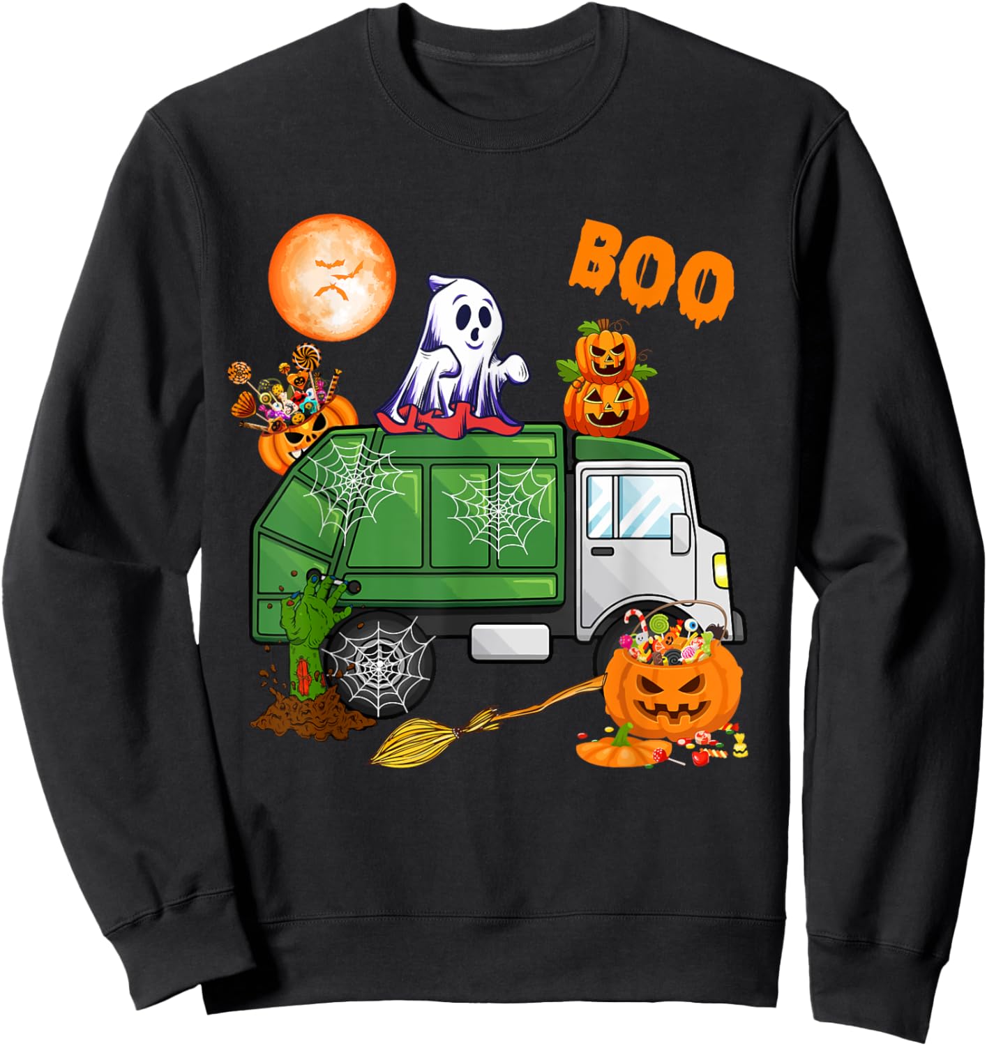 Ghost Driving Garbage Truck With Candy Bag Carved Pumpkin Sweatshirt - Sweatshirt | Black