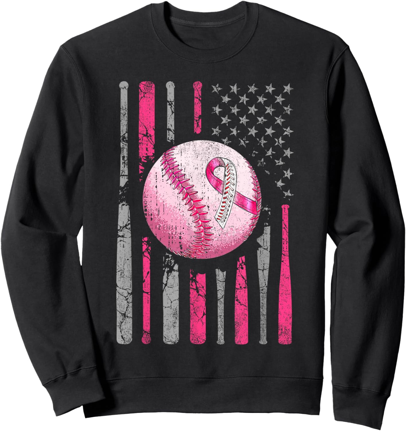 Breast Cancer Baseball Pink Ribboon American Flag Men Women Sweatshirt - Sweatshirt | Black