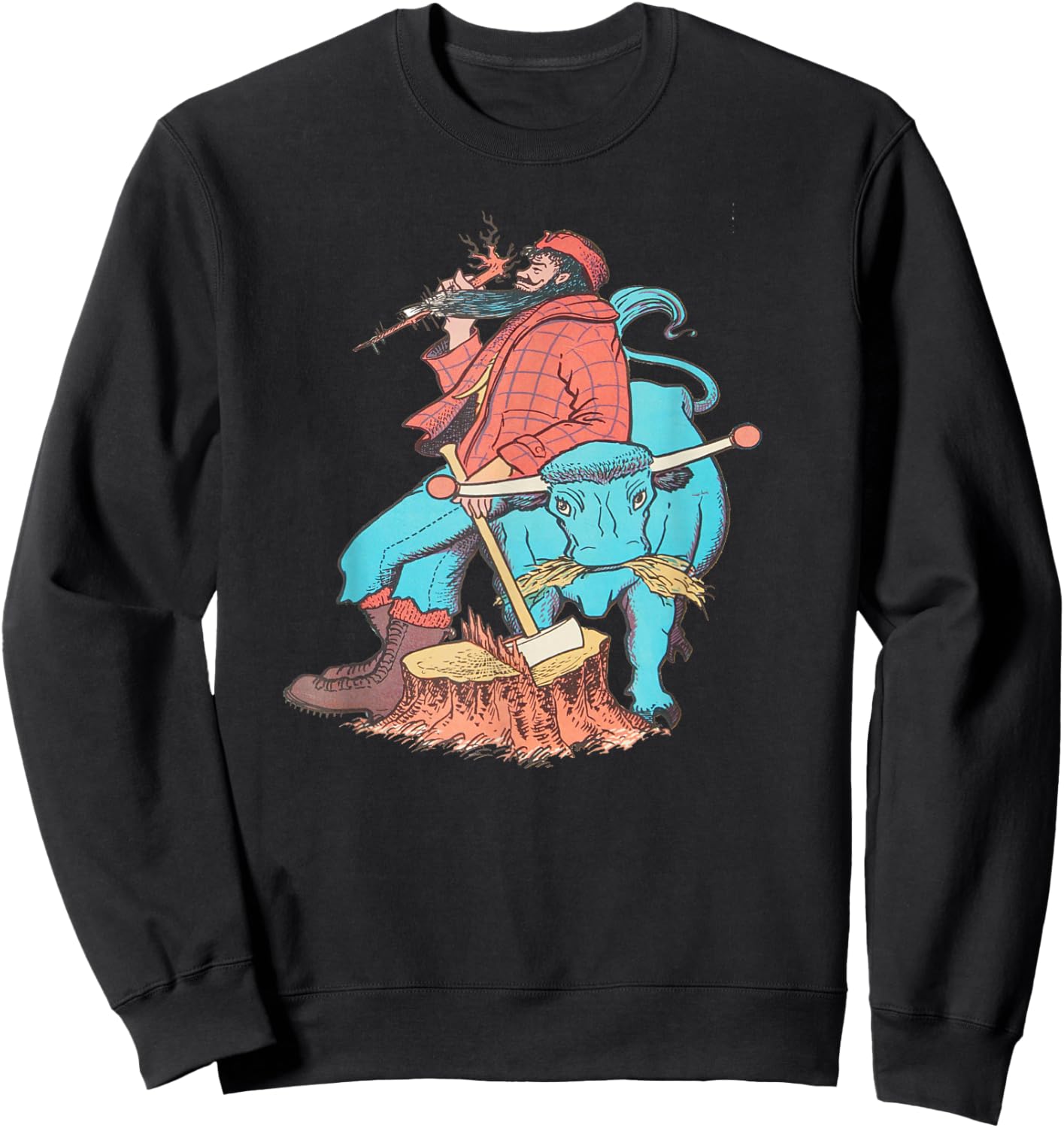 American Lumberjack Folk Hero Paul Bunyan & Babe The Blue Ox , Small, Black Sweatshirt - Sweatshirt | Black