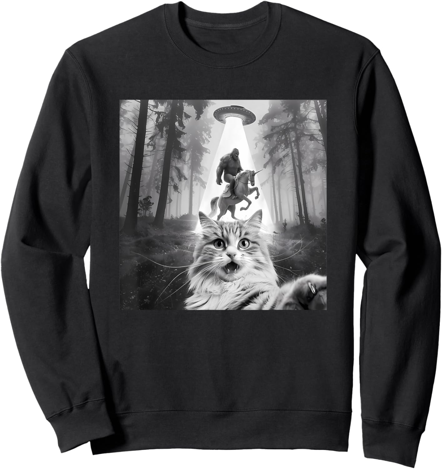 Funny UFO Cat Selfie with Bigfoot Forest Unicorn Sasquatch Sweatshirt - Sweatshirt | Black