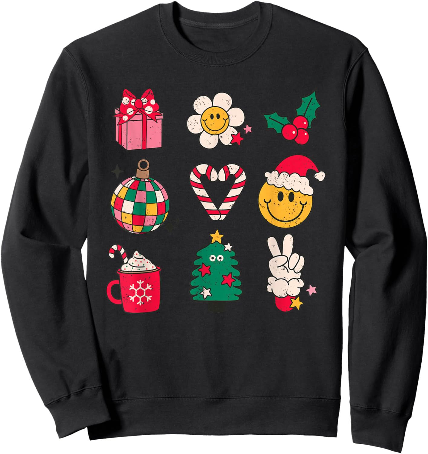 70s Cute Santa Yellow Smile Face Christmas Shirt Women Girls Sweatshirt - Sweatshirt | Black