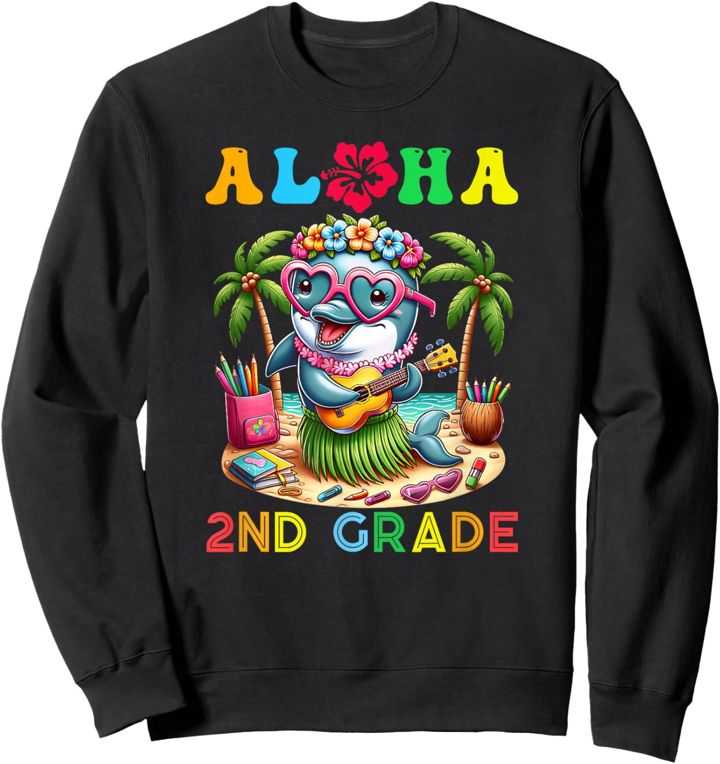 Aloha Second Grade Dolphin Hawaii Back to School Kids Girl Sweatshirt - Sweatshirt | Black