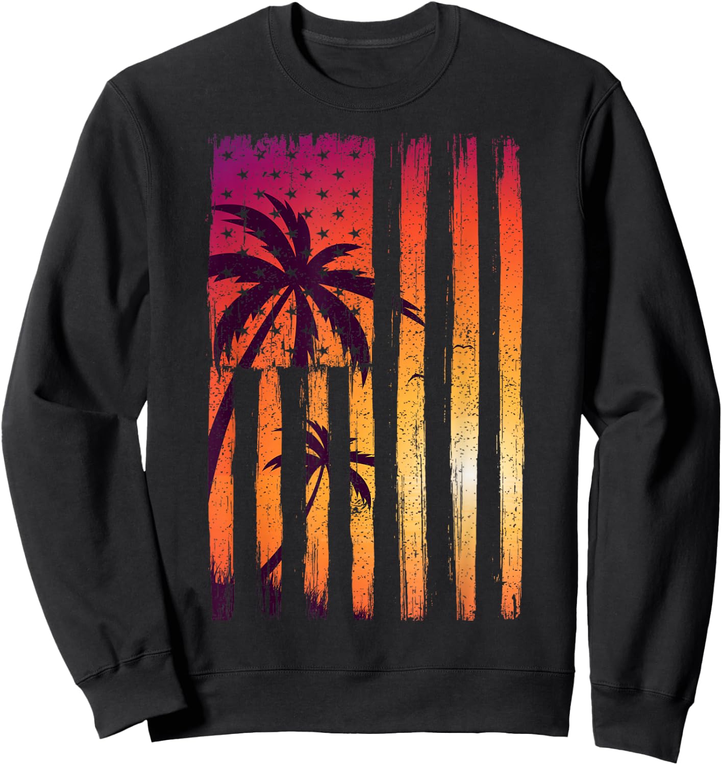 Summer Sunset Palm Trees American Flag Cool Spring Beach Sweatshirt - Sweatshirt | Black