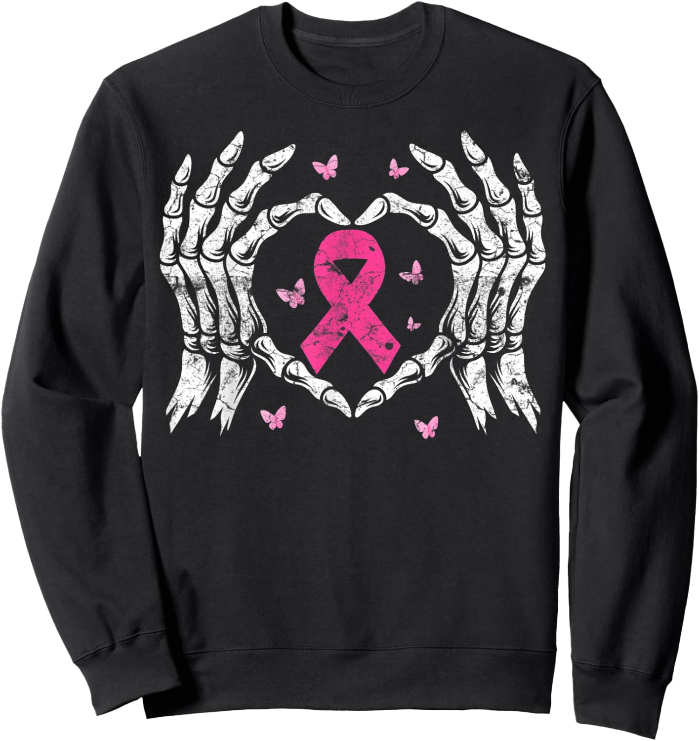 Skeleton Hand Heart Pink Ribbon Breast Cancer Awareness Sweatshirt - Sweatshirt | Black