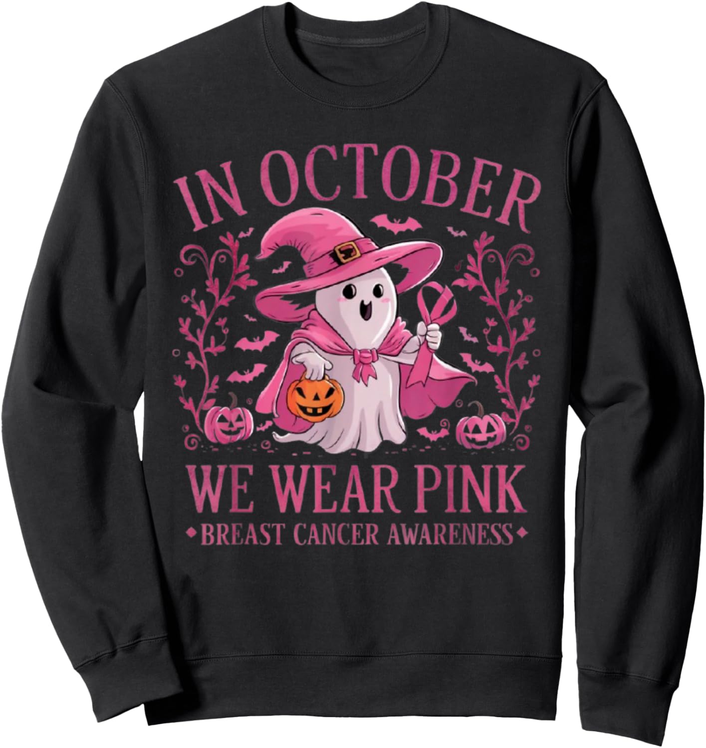 In October We Wear Pink Breast Cancer Awareness Halloween Sweatshirt - Sweatshirt | Black