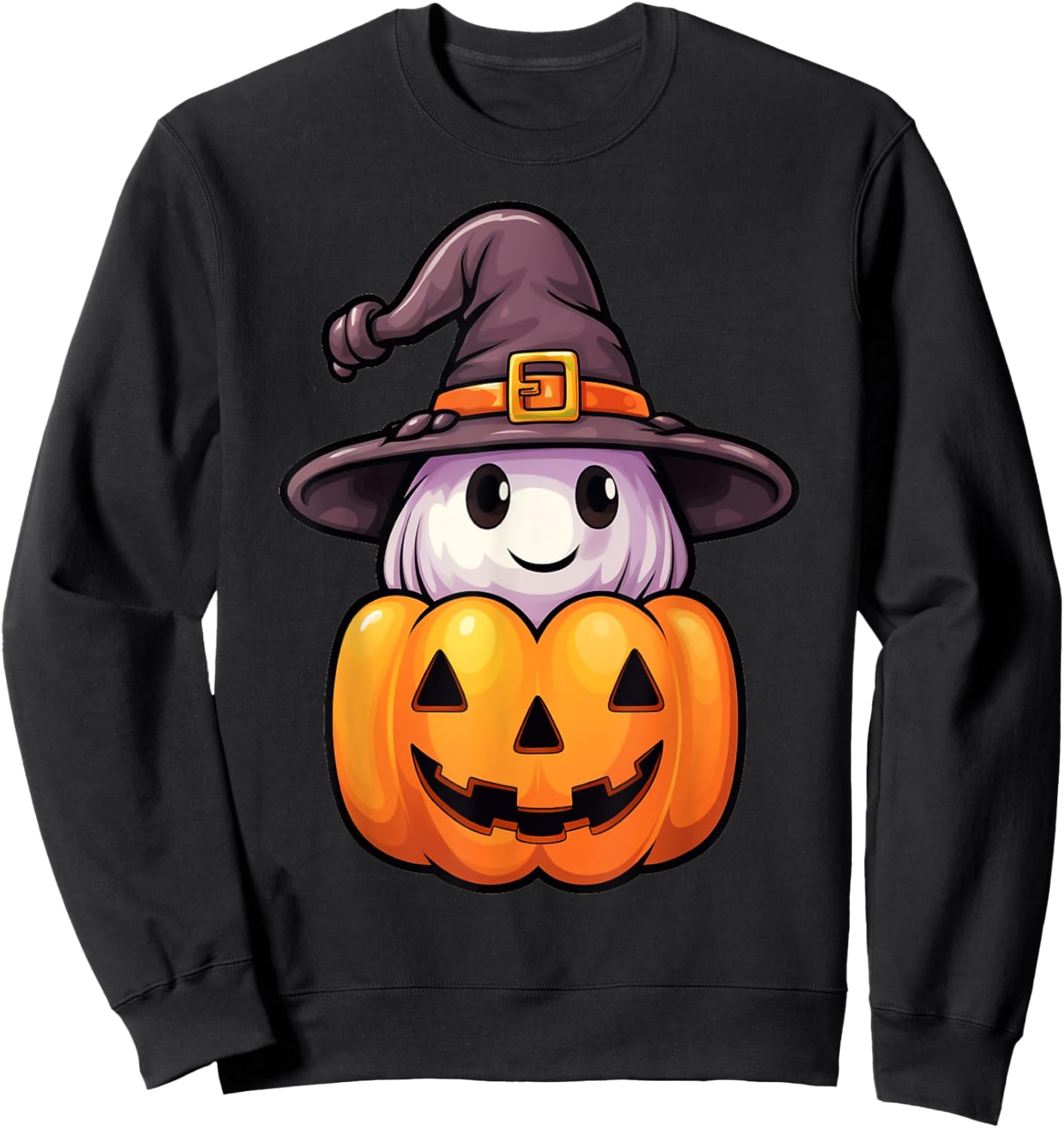 Ghost with Witch Hat on a Halloween Pumpkin Jack O Lantern Sweatshirt - Sweatshirt | Black