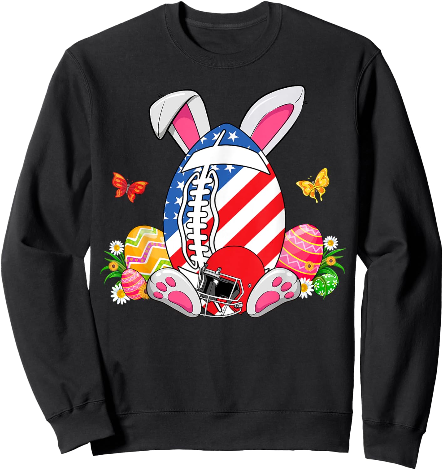 Football Ball With Helmet USA Flag & Bunny Ears Easter Day Women Kids Men Sweatshirt - Sweatshirt | Black