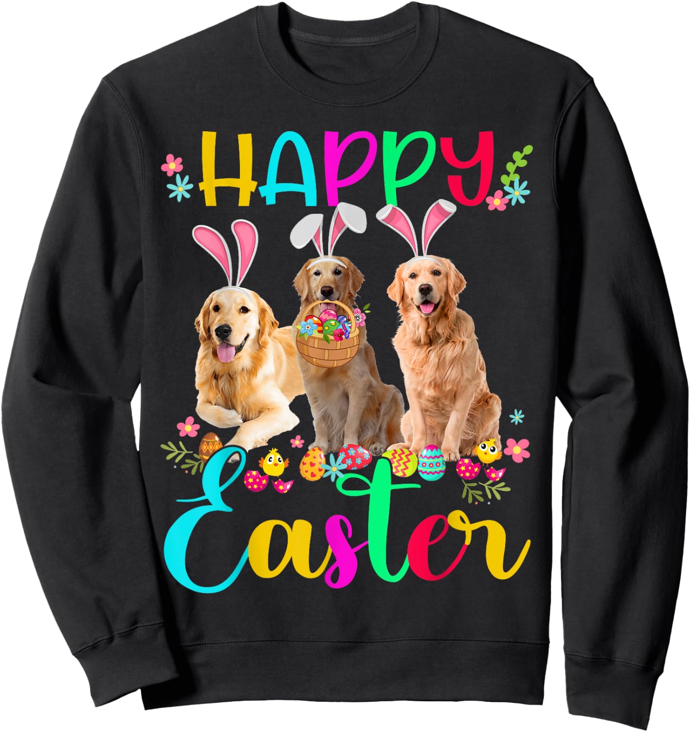 Happy Easter Three Golden Retriever Wearing Bunny Ear Gifts Sweatshirt - Sweatshirt | Black