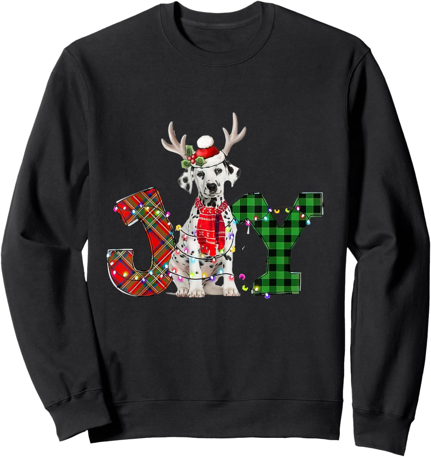 Joy Christmas Lights Dalmatian Dog Santa Hat Pajama Sweatshirt - Sweatshirt | Black