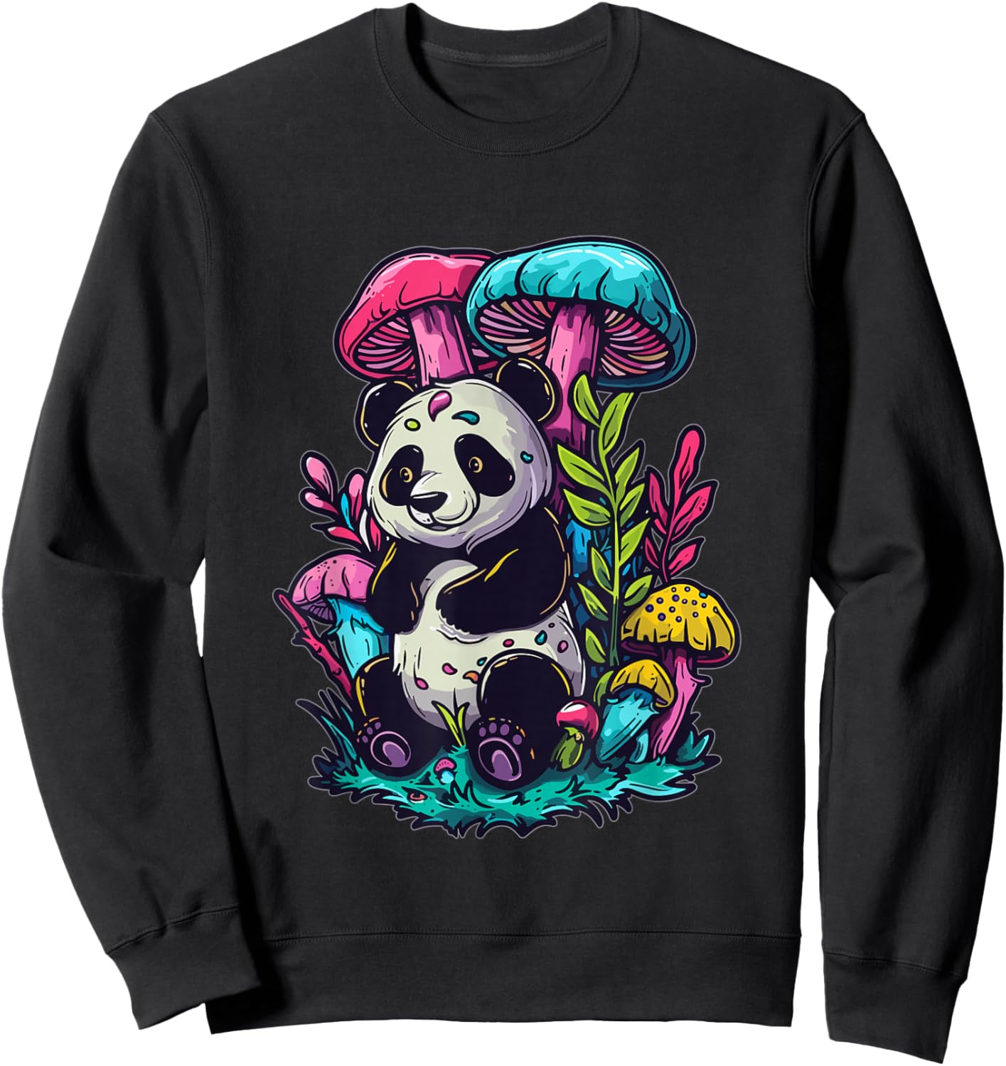 Trippy EDM Mushroom Art Party Panda Sweatshirt - Sweatshirt | Black