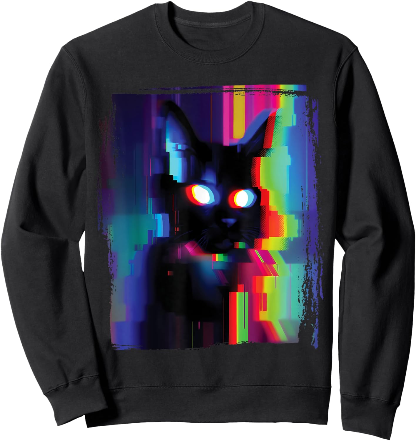 Glitch Psychedelic Weirdcore Cat Vaporwave Trippy Women Sweatshirt - Sweatshirt | Black
