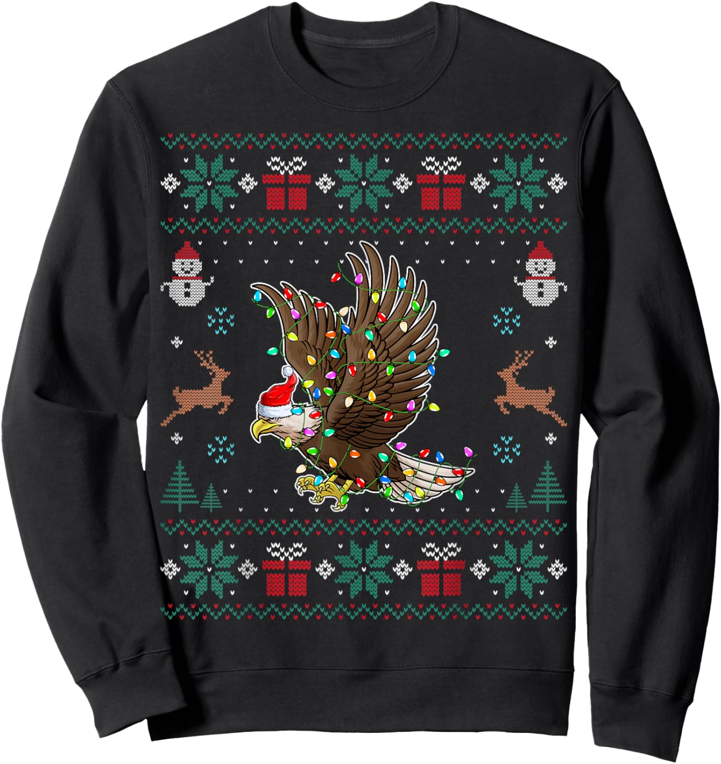 Eagle Santa Hat Xmas Lights Eagle Christmas Ugly Sweatshirt - Sweatshirt | Black