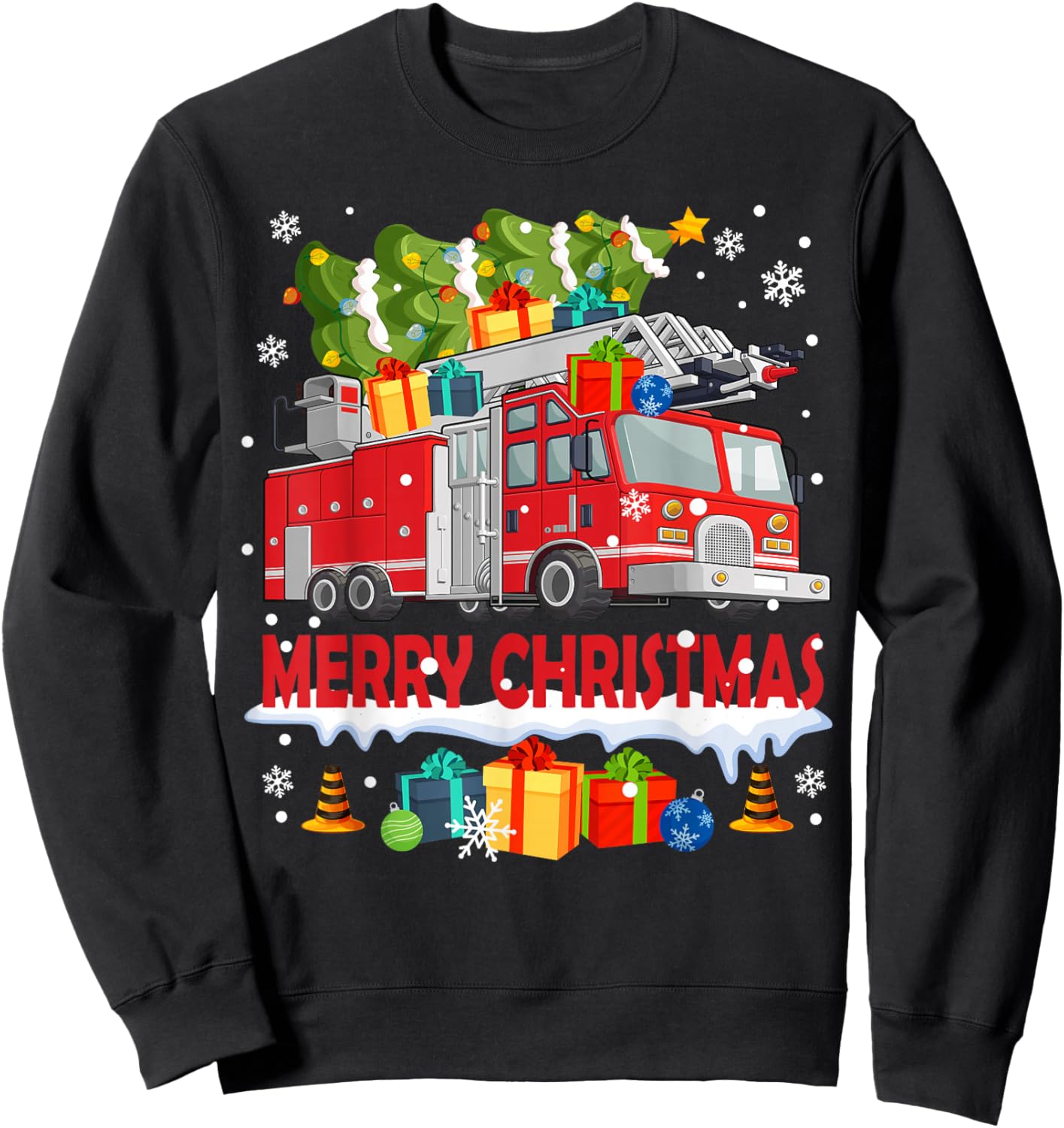 Funny Fire Truck & Christmas Tree Firefighter Xmas Pajamas Sweatshirt - Sweatshirt | Black