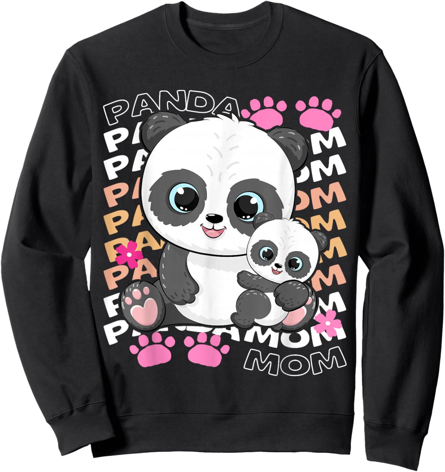 Funny Panda Mom Mothers Day Panda Paw Flower Family Matching Sweatshirt - Sweatshirt | Black