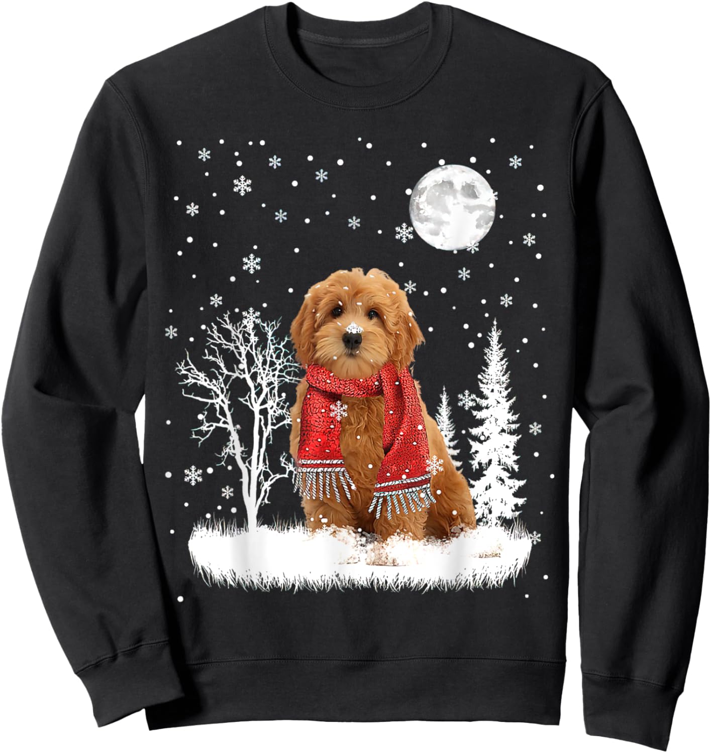 Goldendoodle Under Moonlight Snow Christmas Pajama Sweatshirt - Sweatshirt | Black