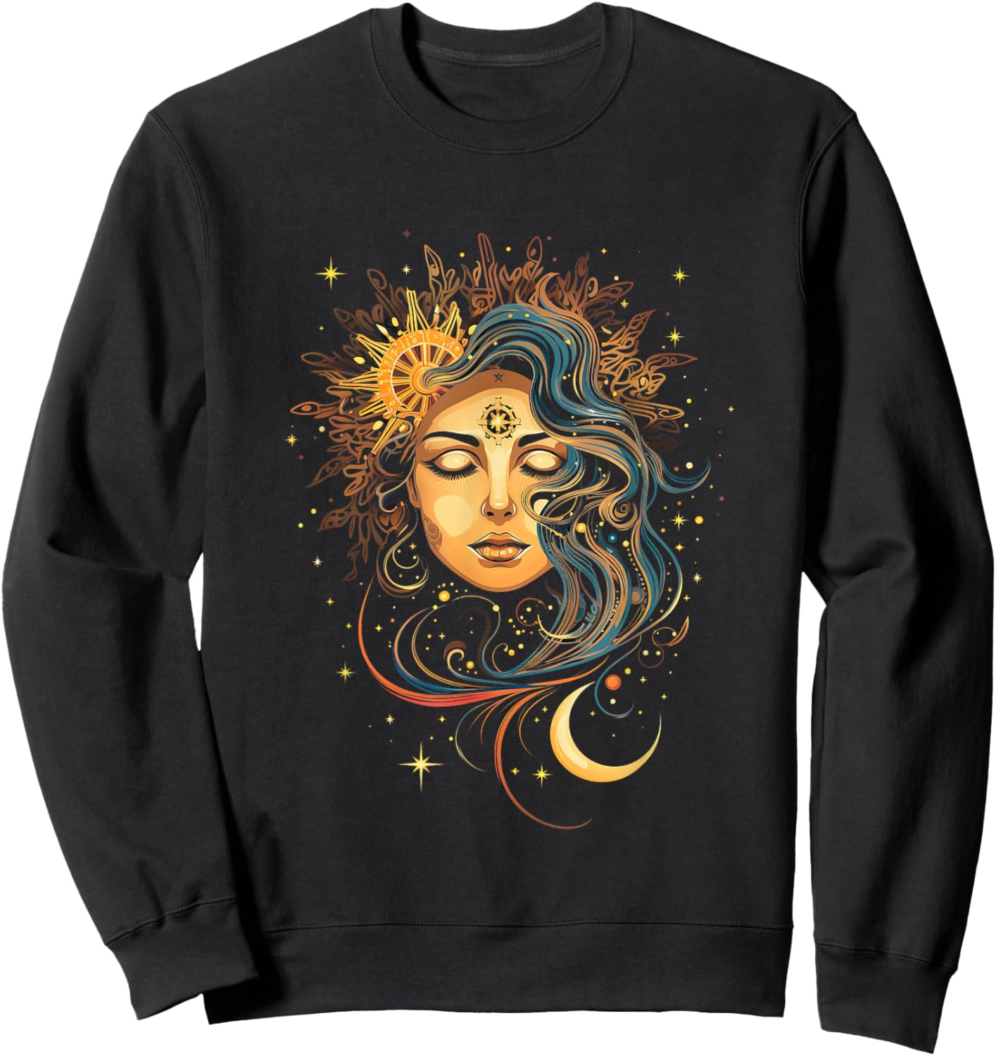 Mystic Sun and Moon Woman Mystical Flowers Aesthetic Sweatshirt - Sweatshirt | Black